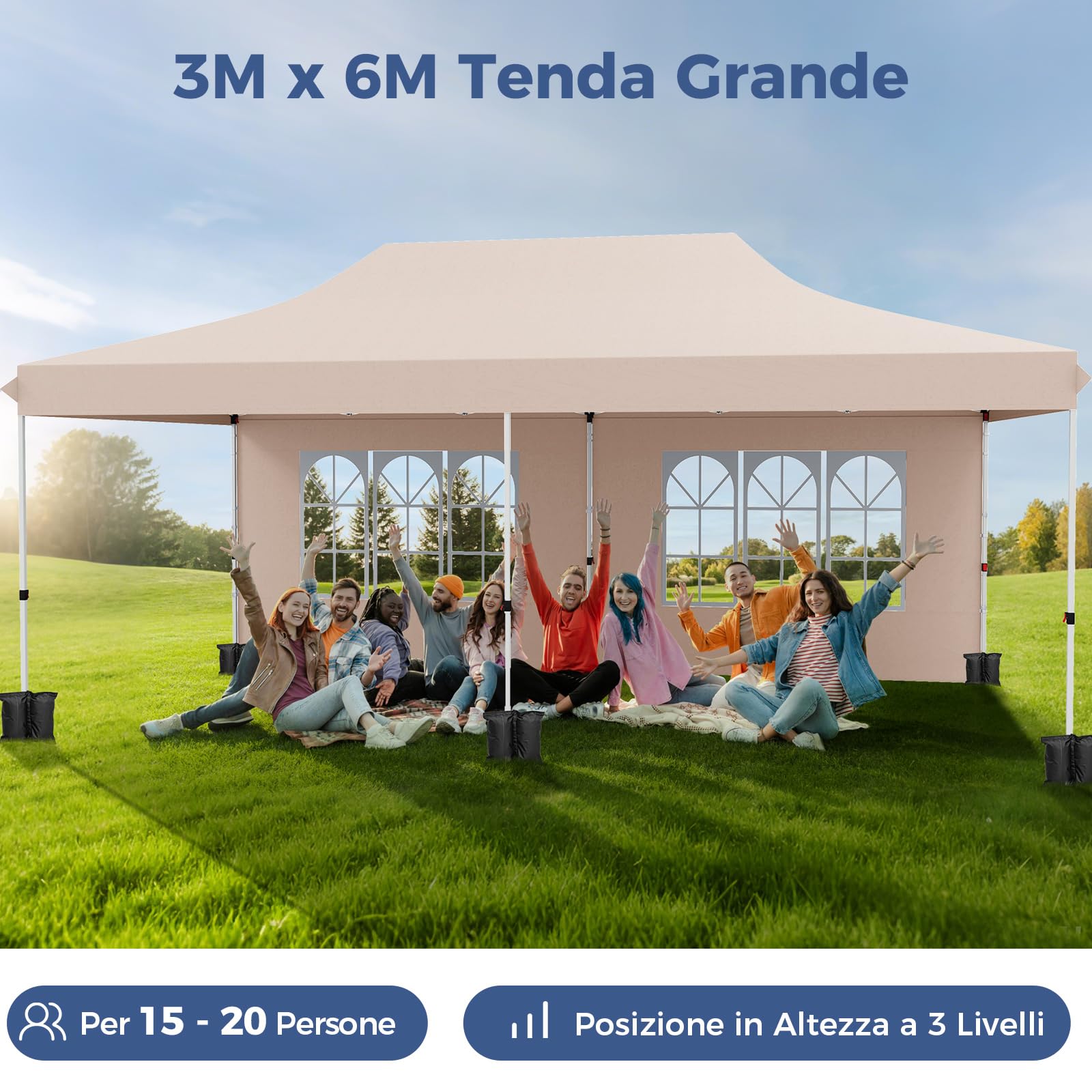 COSTWAY Gazebo da Giardino 3 x 6 m, Tendone per Feste con 6 Pannelli Laterali Rimovibili, con Borsa da Trasporto, Design Pop-up, per Matrimonio Eventi e Barbecue (Beige)