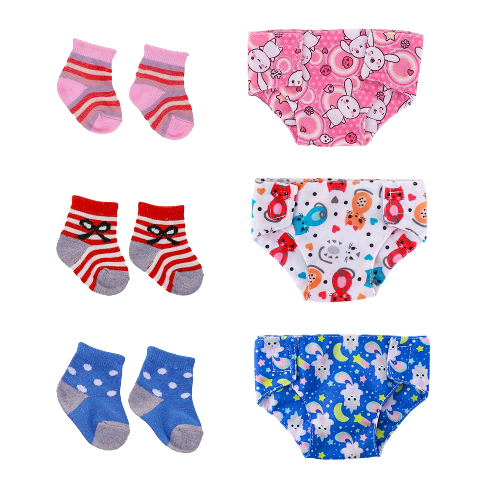6 Pcs Baby Doll Accessories Set 3 Doll Diapers 3 Doll Socks for Baby Dolls 35-43 cm Cute Doll Accessories, Reusable Doll Diaper Socks for 14-17" Dolls, 3 Different Patterns Styles, Children Gifts