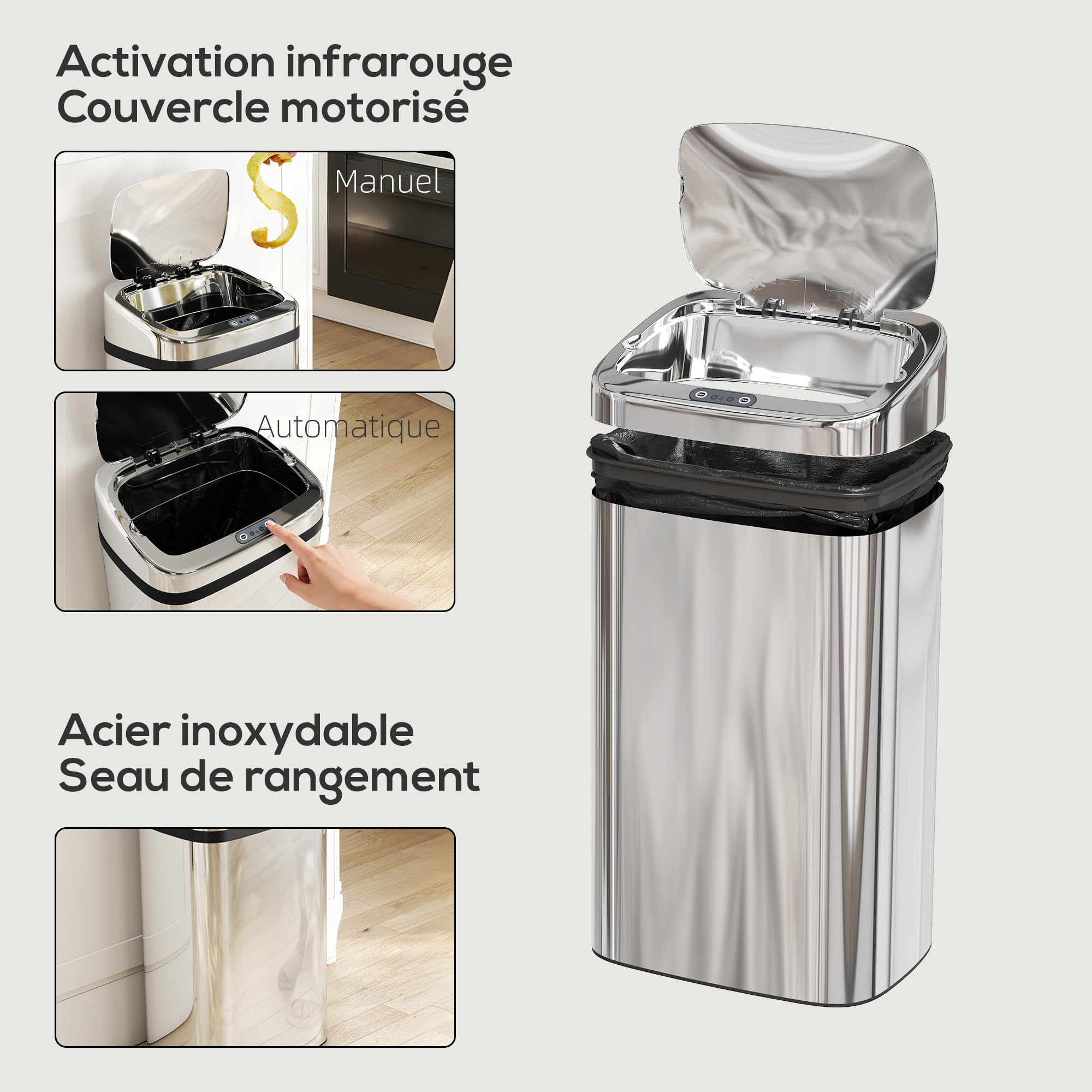 HOMCOM Poubelle à Capteur de Mouvement Ouverture Automatique 30 L