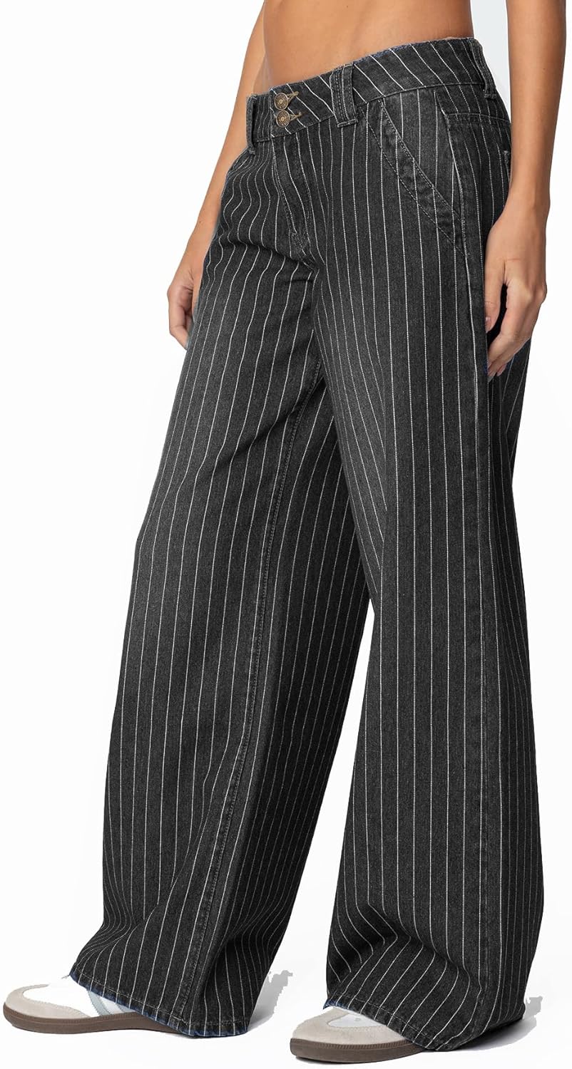Women's Mid Rise Striped Baggy Barrel Jeans Wide Leg Denim Pants - Image 2