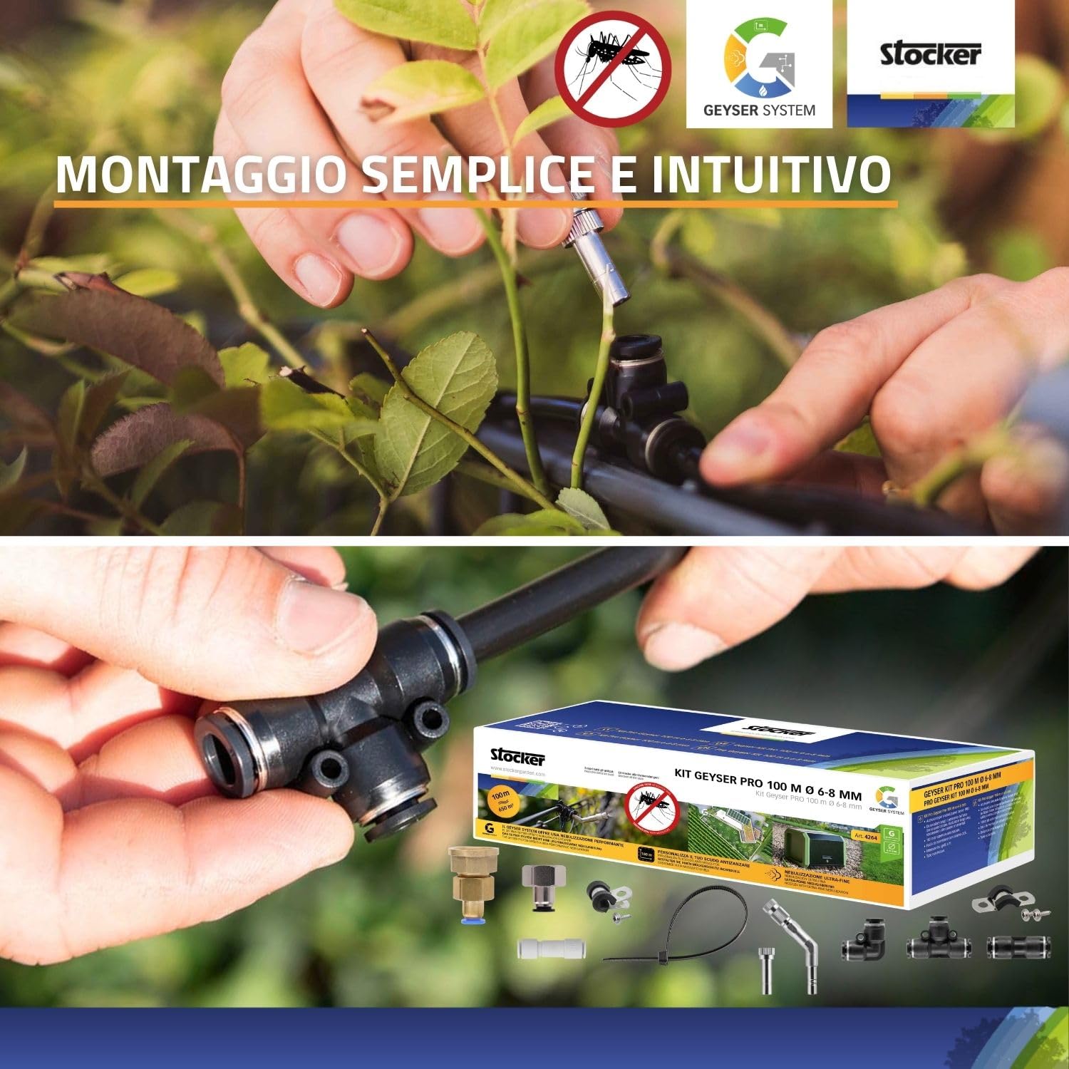 STOCKER - Kit Nebulizzatore Geyser PRO Lite - Sistema Anti-Zanzare Automatico WiFi, Copertura fino a 650 mq, 125 m di Tubo, Tanica 7 L, Alimentazione Rete o Batteria, Kit Completo di Installazione