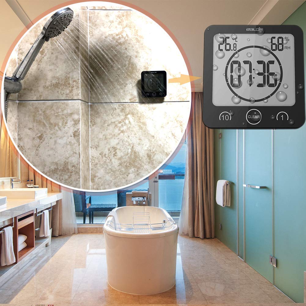 LCD Reloj de Ducha Digital, Reloj de baño Reloj de Ducha Impermeable Reloj Temporizador Temperatura Humedad Pared Ducha Reloj Reloj Temporizador de Cocina (Negra)