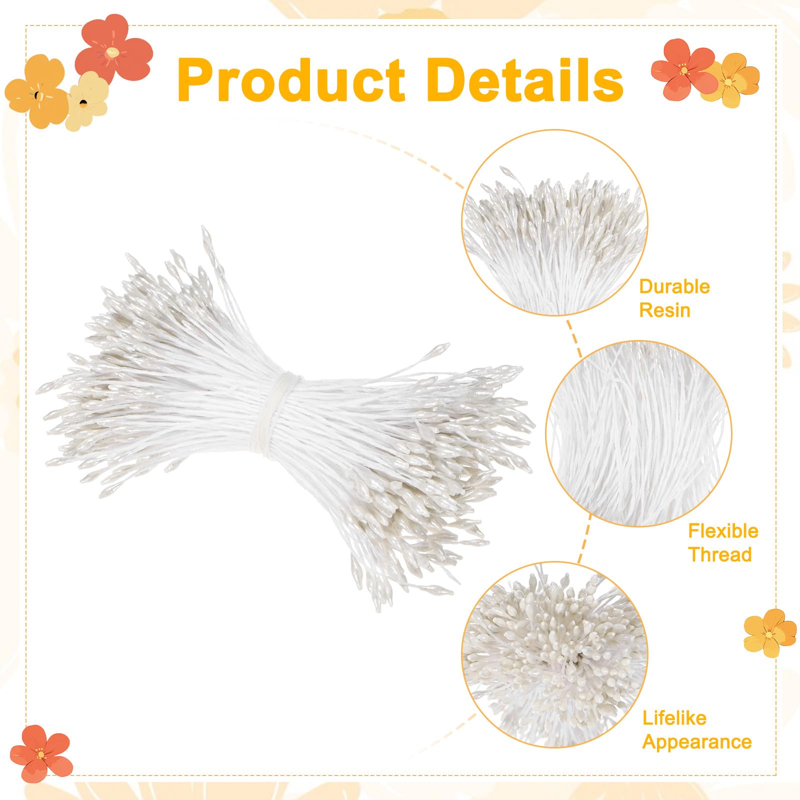 M METERXITY 1440 Stück Blumen-Staubblätter zum Basteln, 2 mm, Doppelköpfe, künstliche Blütenstempel, Mini-Blumenstempel, Staubblätter für Heimwerker/Hochzeit/Scrapbook-Dekoration [Weiß]