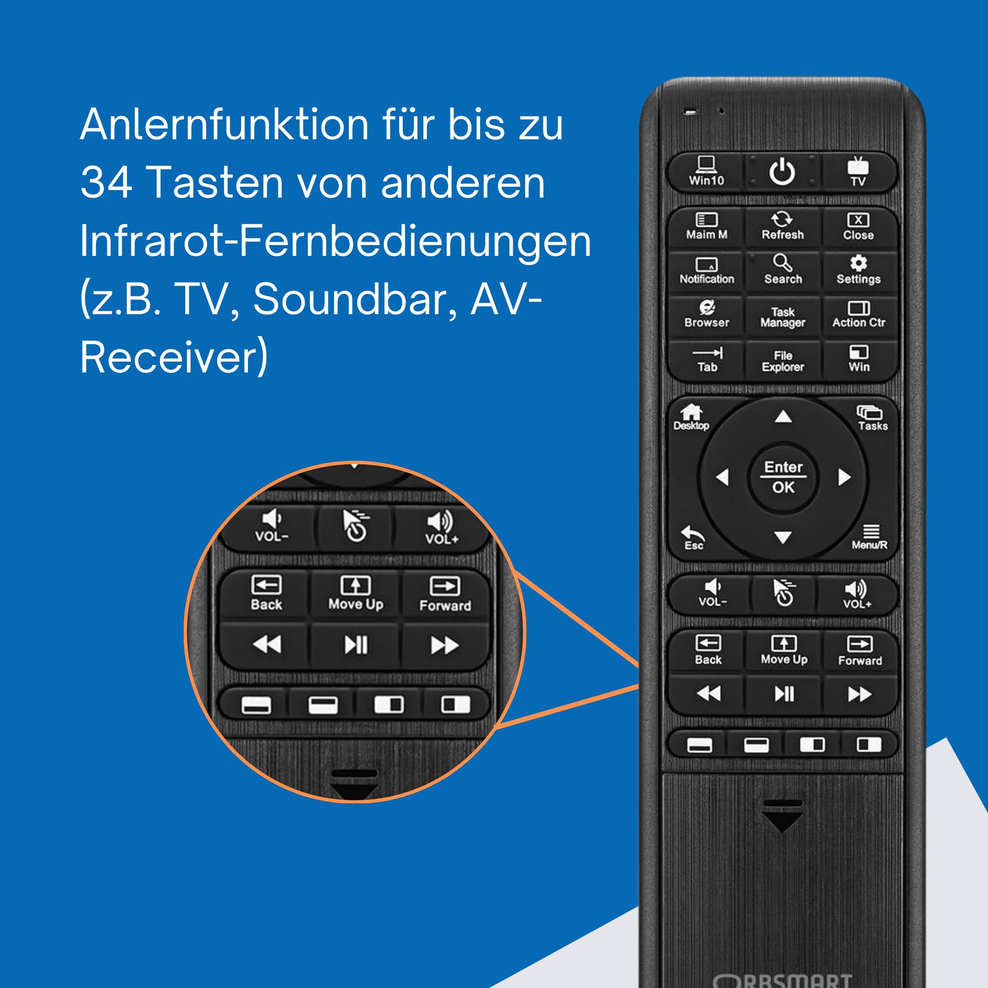 Orbsmart WA-1 Windows Airmouse Tastatur QWERTZ, PC & HTPC Fernbedienung | LED-Beleuchtung & Infrarot-Anlernfunktion. Umfangreiche Sondertasten. Steuerung per Gyro-Sensor