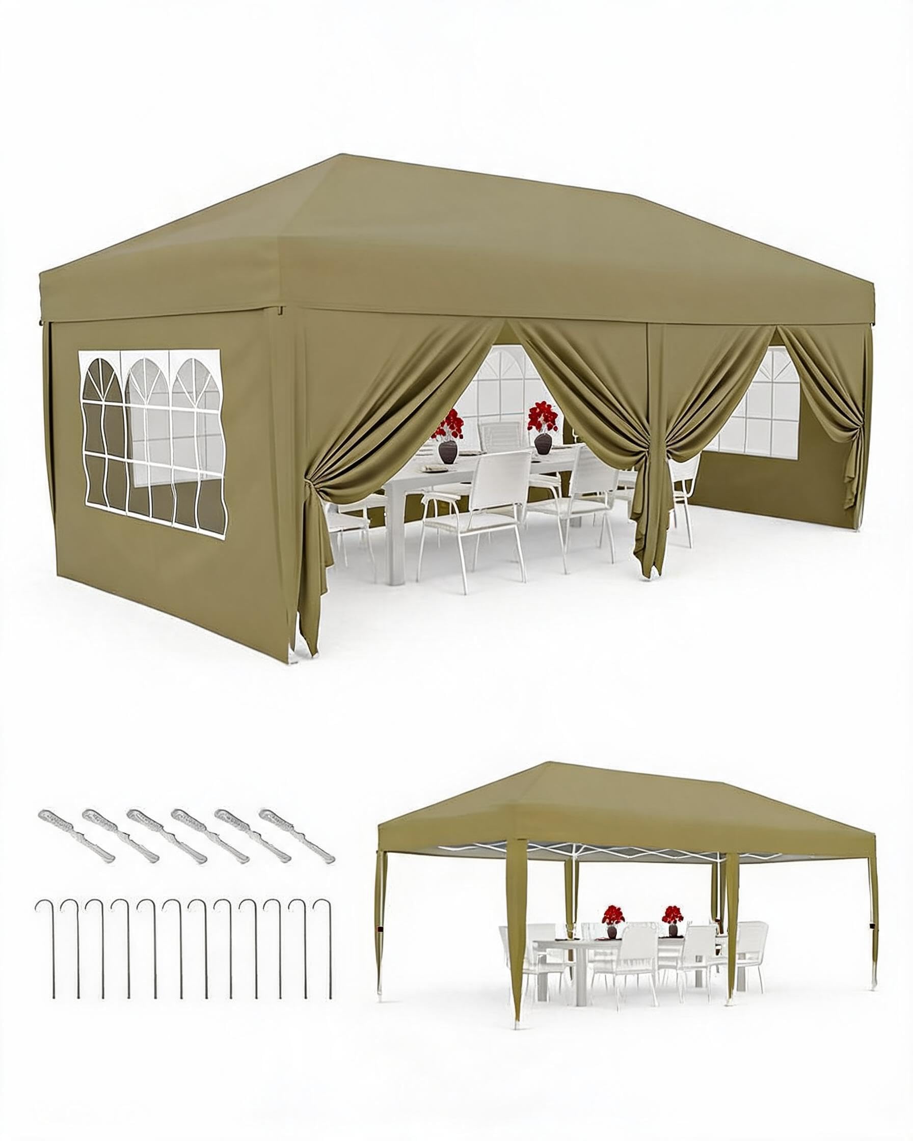 GarveeMore 3x6m Pop Up Gazebo with Sides, Waterproof Garden Gazebo with Windows, Heavy Duty Instant Shelter Canopy Tent for Patio, Backyard, Outdoor Parties and Events, Khaki