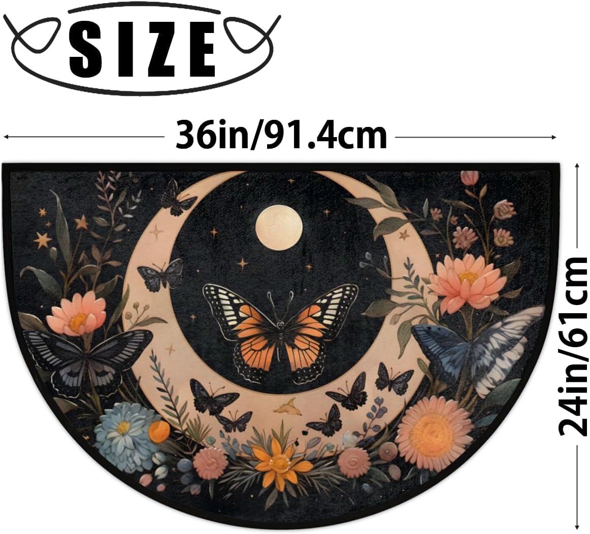 Half Round Door Mat,Art Moon Butterfly Flower Non Slip Absorbent Entrance Doormat,Welcome Mat for Front Door,Low-Profile Semi Circle Floor Mats Area Rugs for Home Kitchen Garage Patio,36" x 24"