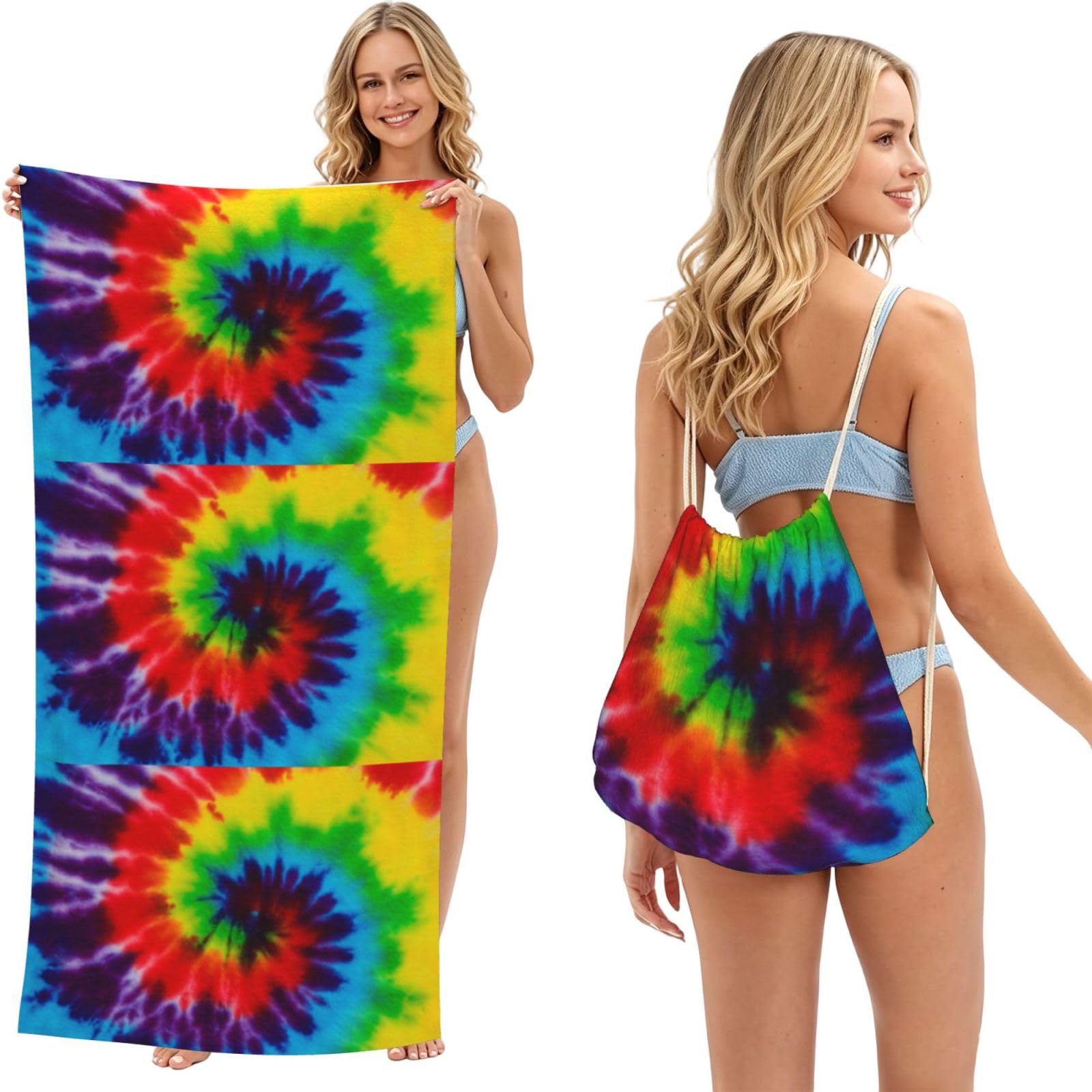Poadnly As Picture Tie Dye Colorful Rainbow, 2 In 1 Packable Towel Bag, Beach Towels With Drawstring Backpack For Travel Holiday Camping