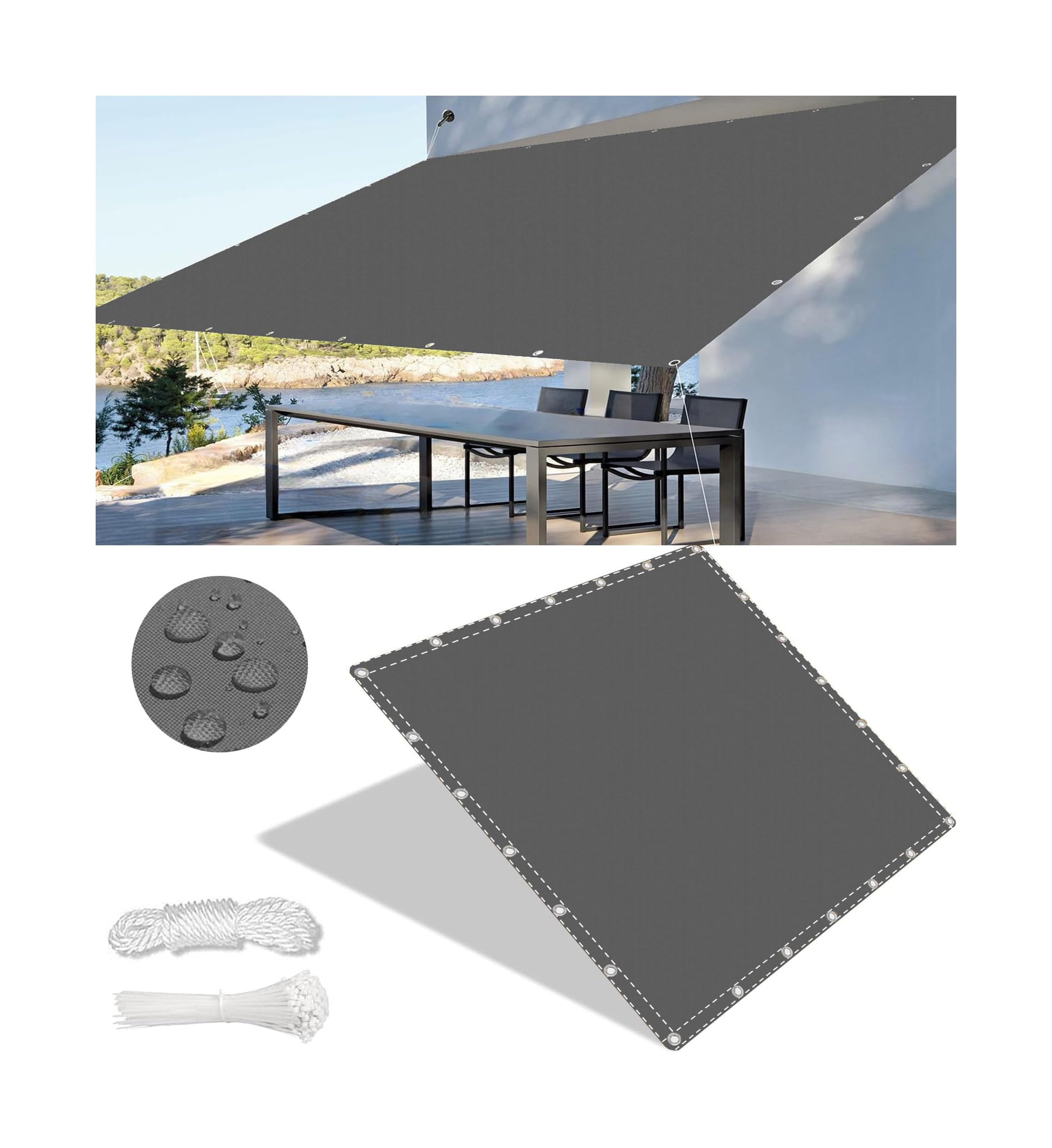 Sonnensegel Wasserdicht Segeltuch Nach Mass Markisenstoffe Meterware Viele Größe Farben Balkon Sonnenschutz inkl Befestigungsseile UV-Schutz Wetterfest für Garten Terrasse 1.5x5M Dunkelgrau