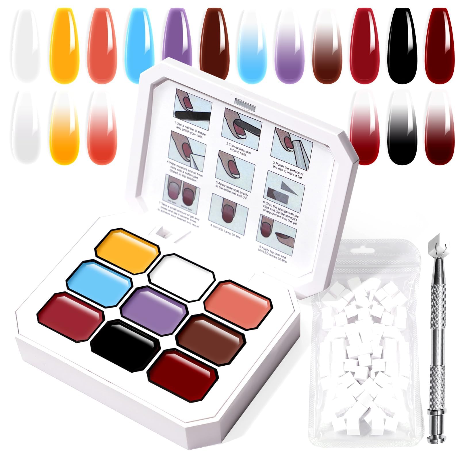 U-Shinein Gradient Painting Gel, 9 Colors Ombre Gel Nail Polish with Dark Red Light Blue Black&White Sponging for Pigment Pat Aura Nails French