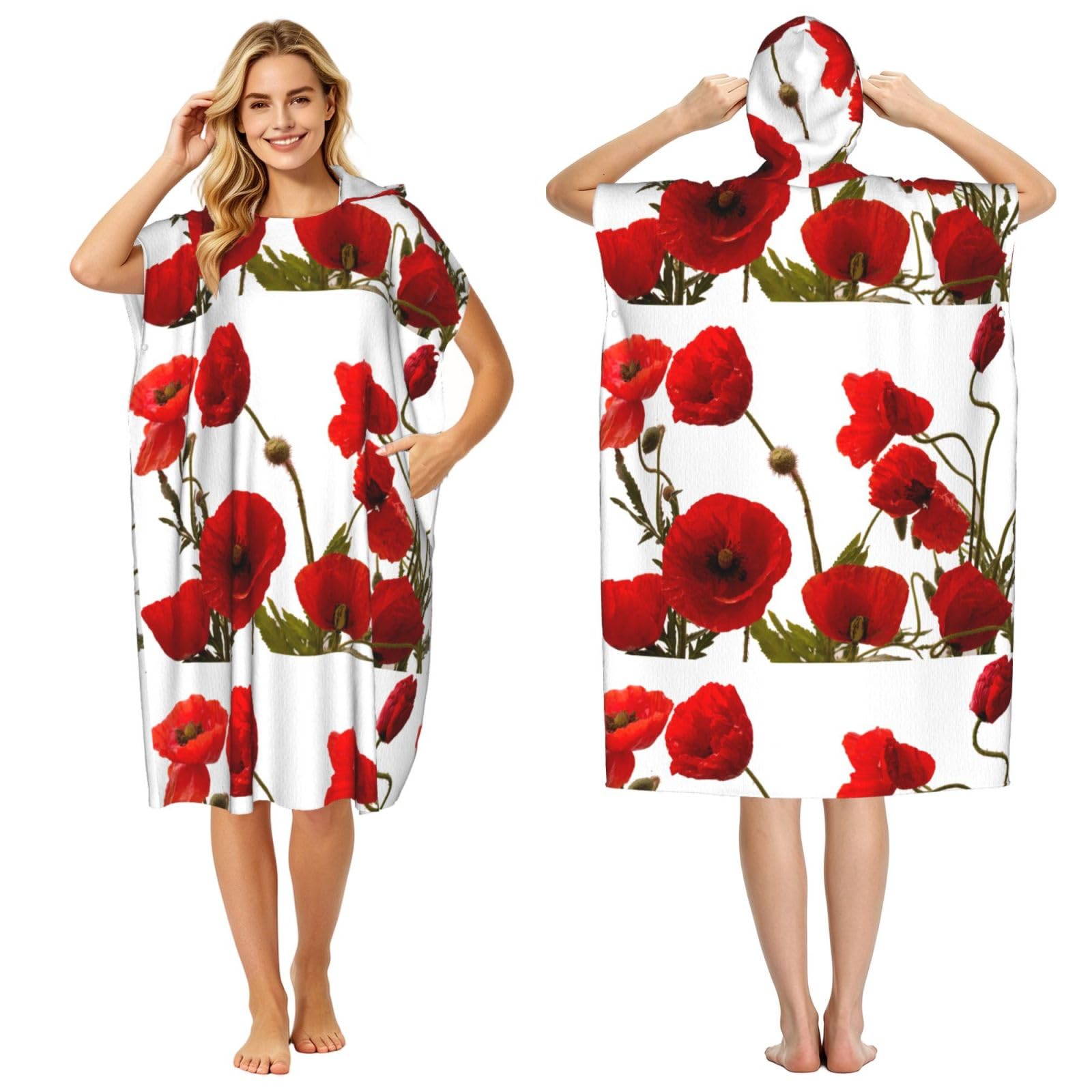 Poadnly Red Poppy Flowers, Adult Hooded Beach Towel 90 x 110 cm,Changing Bath Robe, Surf Poncho Towel For Women Men