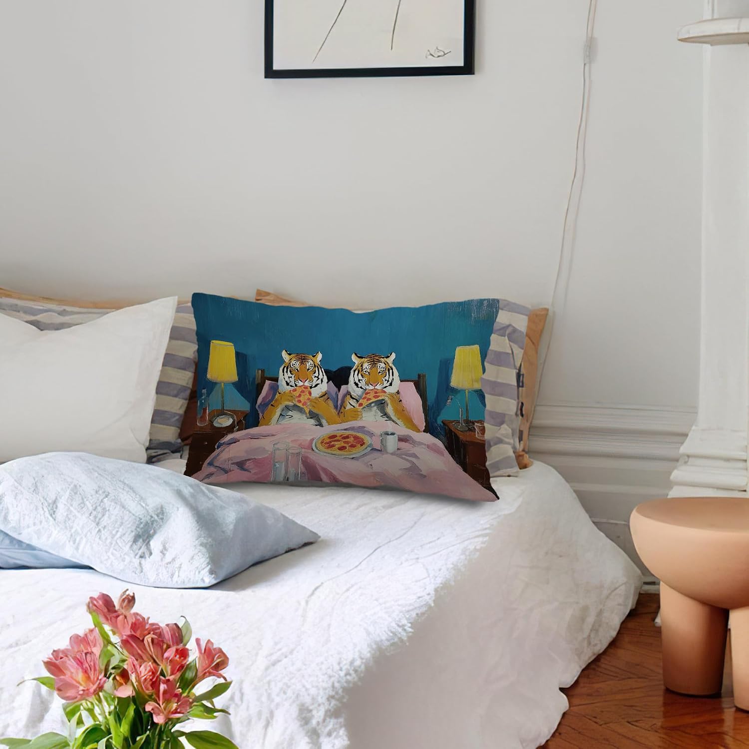 Maximalist Funny Tiger Eating Pizza Throw Pillow Covers 12x20, Dopamine Decor, Eclectic Jungle Animal Whimsical Pillow Covers for Home Bedroom Living Room Decor image 5