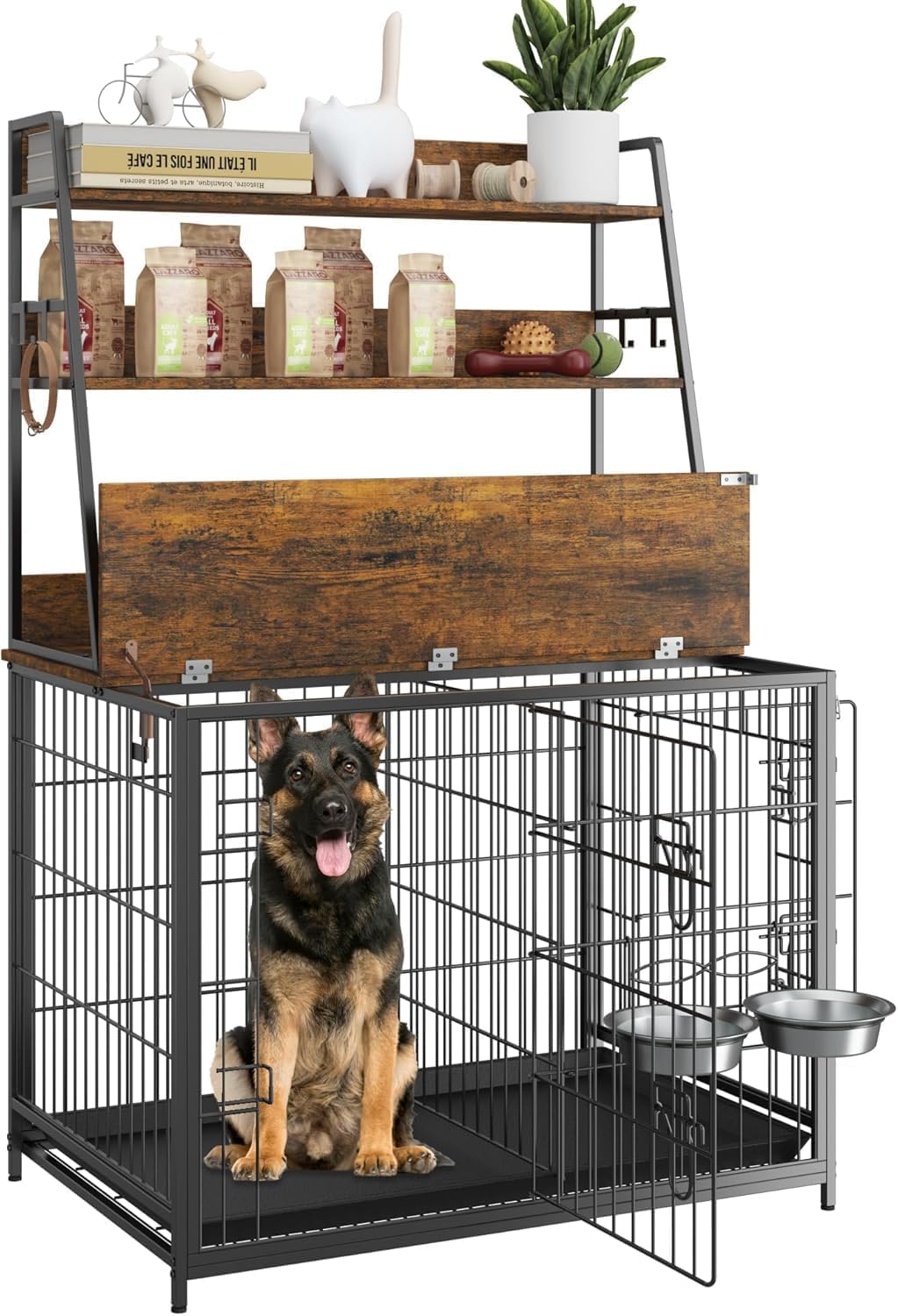GarveeLife Dog Crate Furniture, 57 in Dog Kennel Furniture with Storage Shelves and Removable Tray, Indoor Dog House with 2 Doors and 2 Adjustable Bowls Vintage