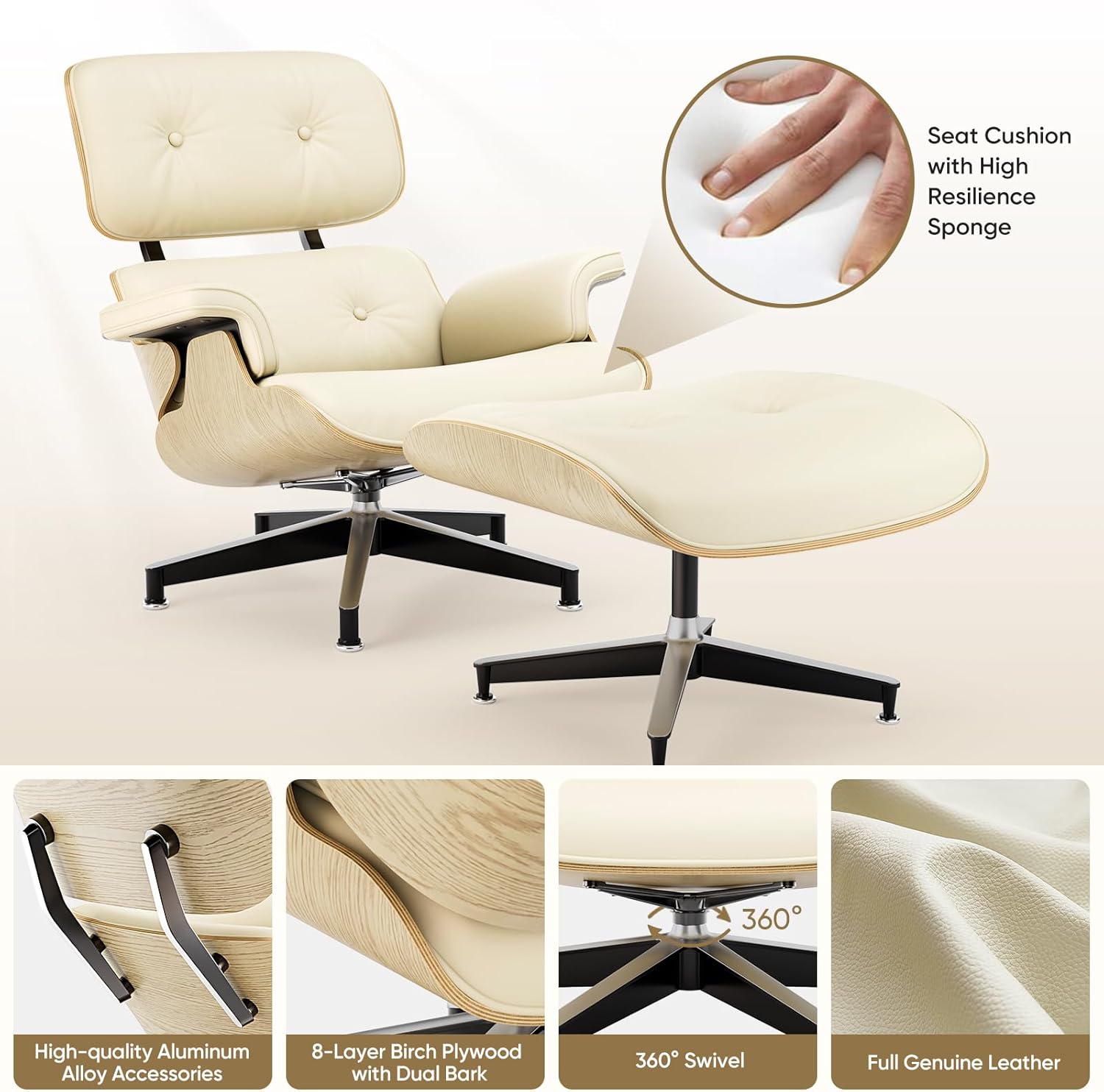 Top Cream White Grain Leather, Mid Century Chaise Lounge Chair and Ottoman, Modern Chair Classic Design, Ash Wood, Heavy Duty Base Support for Living Room Office