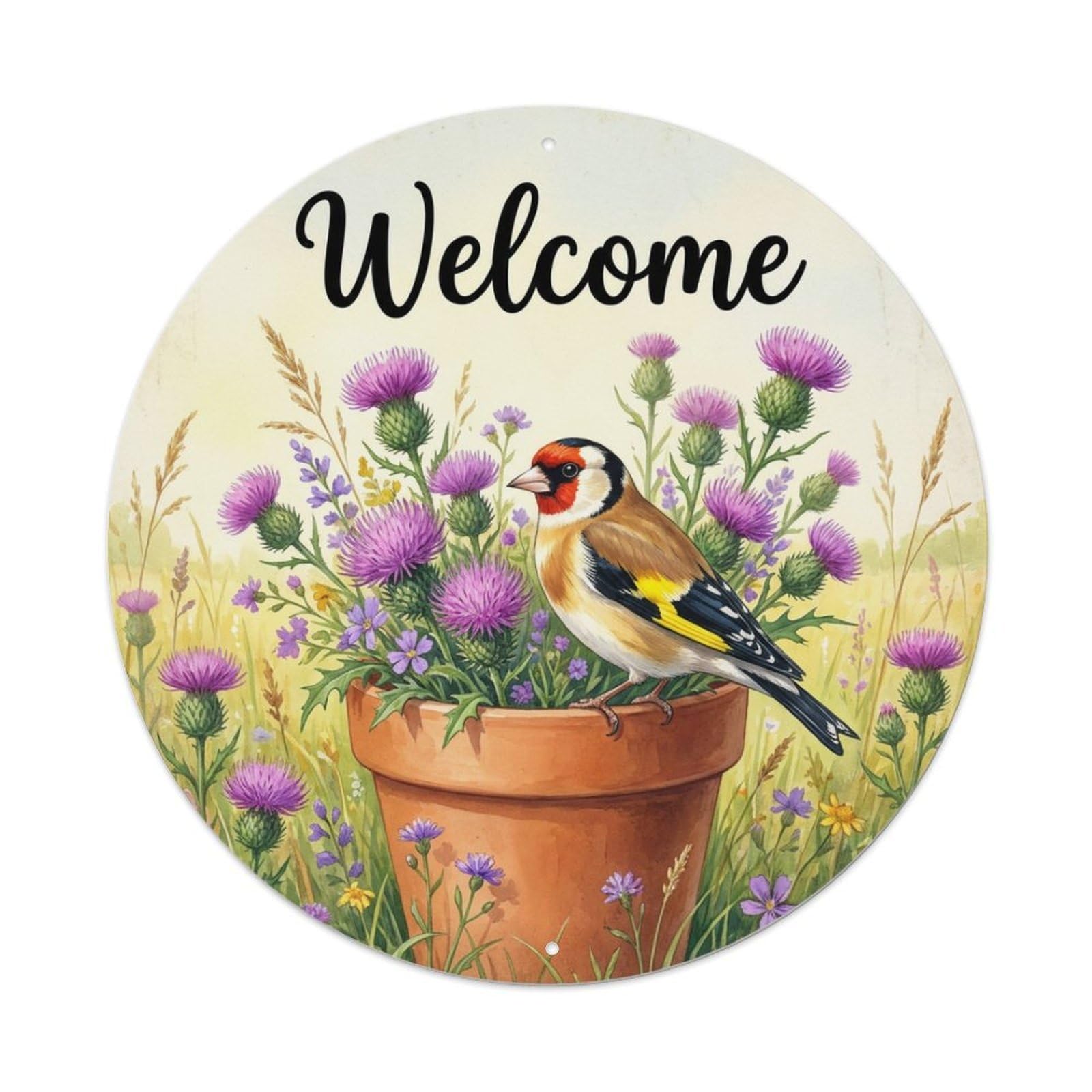 Metal Tin Sign Welcome Finch Wild Thistle