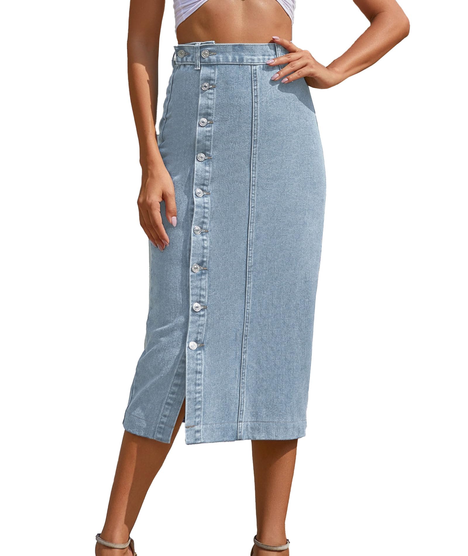 Sexyshine Womens High Waist Midi Denim Skirt Chic Side Button Up High Slit Bodycon Jean Pencil Dress