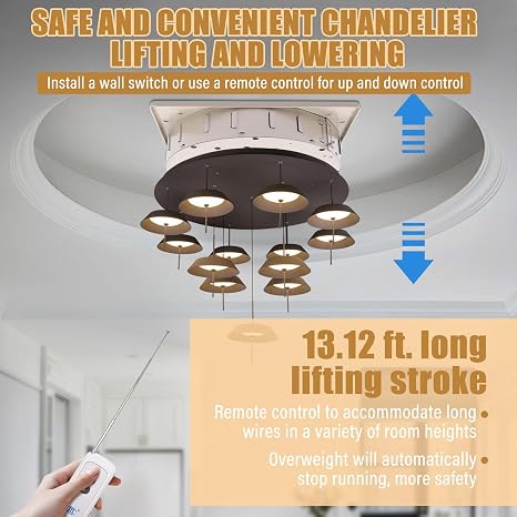 220LBS 13.12FT Chandelier Lift, Motorized Chandelier Hoist Lift System, 2-in-1 Wall Switch and Remote contro, Heavy Duty Lifter, Electric Motor Villas Pendant Lamps Lifter for High Ceiling