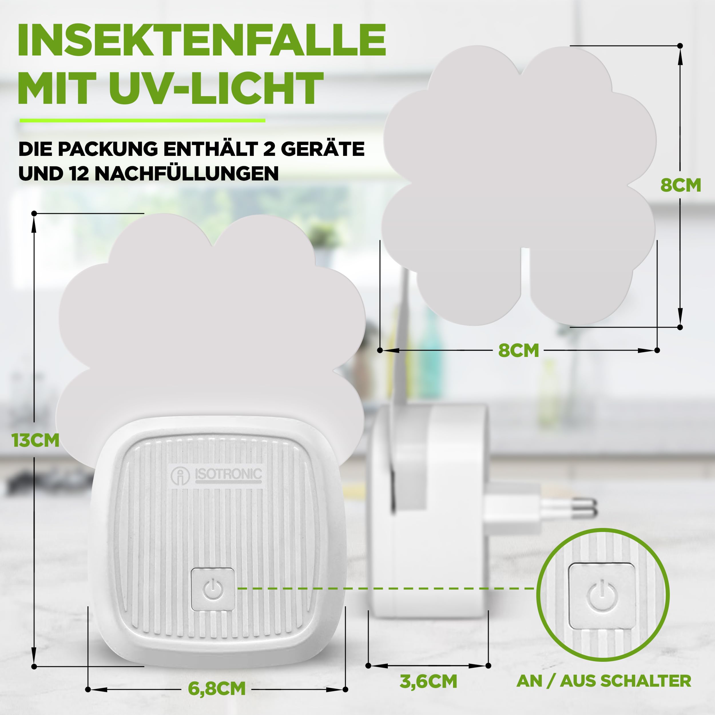 ISOTRONIC Pułapka na komary, muchy i ćmy – Światło UV i folie lepowe – Cicha ochrona do wnętrz – Skuteczny odstraszacz owadów – Zasięg 20 m² (2 sztuka)