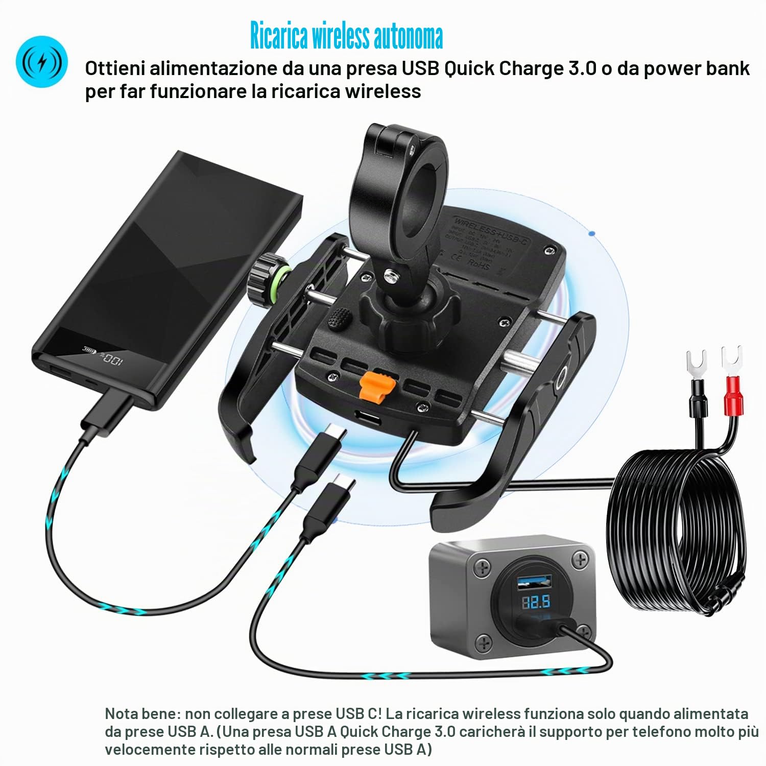 iMESTOU Caricatore del Supporto per Telefono Wireless Moto, Supporto Mobile a Specchio Manubrio/Retro-visione con Carica Rapida USB 3.0, Adatto a Telefoni Cellulari da 4,0" a 7,0"