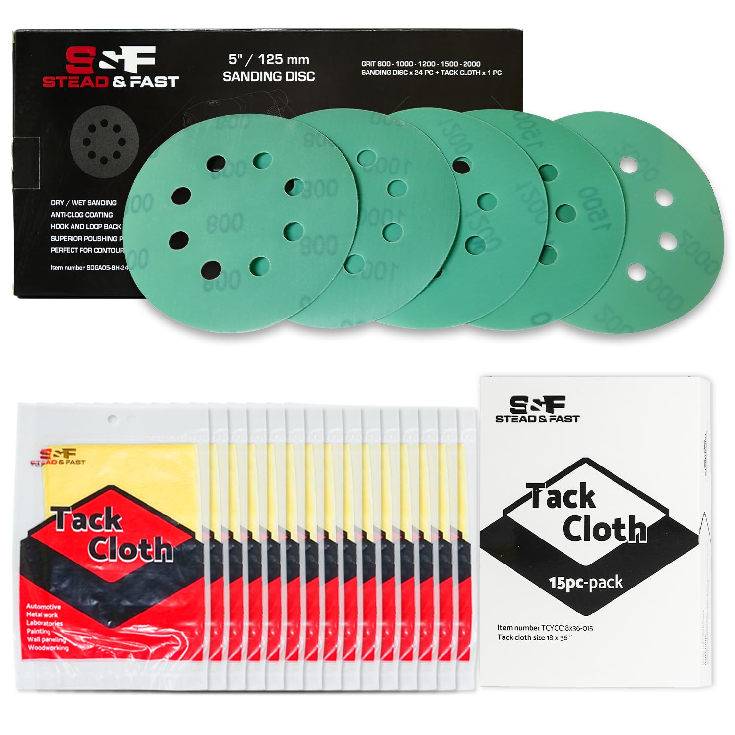 S&amp;F STEAD &amp; FAST Tack Cloth for Painting 15-pc Bundle with 5 Inch Sanding Discs 24-pc