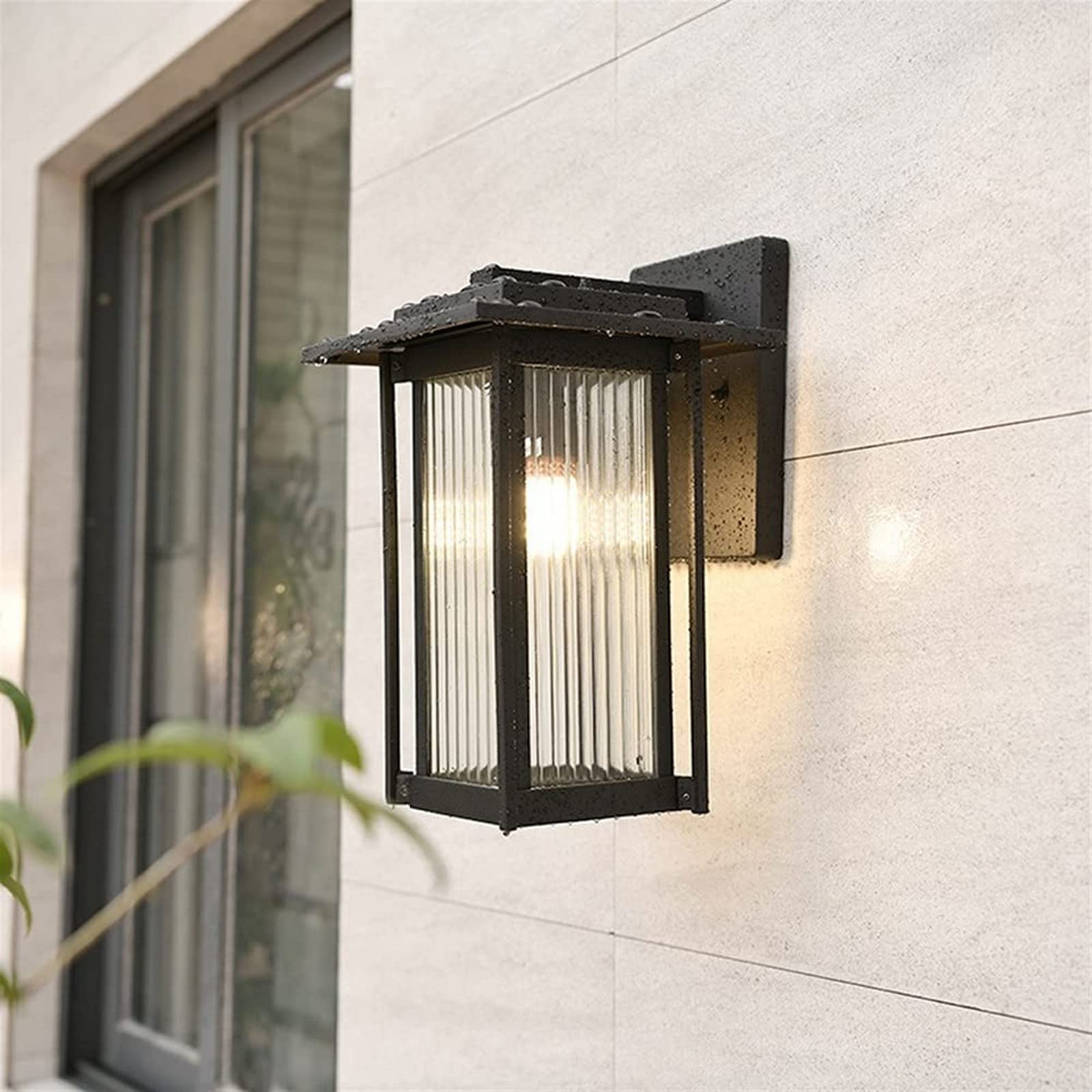 JKJZSALJ Wall Sconces, Garden Wall Light Industry Garden Wall Light Fixture Black Aluminum 11inch High Wall Lamp Lantern Outdoor Lighting Waterproof with Stripe Glass Shade Sconce fo