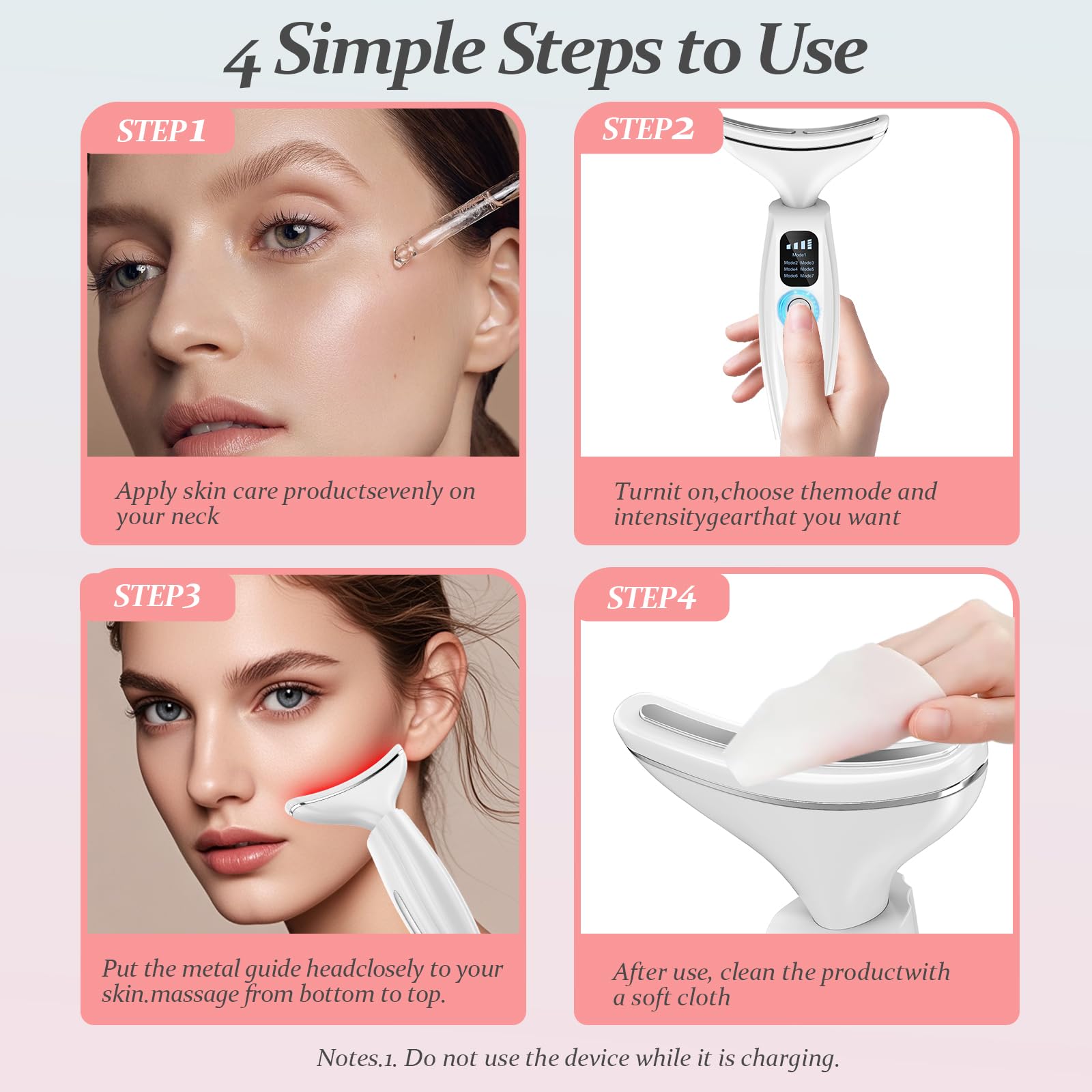 Gesichtsmassagegerät Gegen Falten EMS Gerät Hals Massager, Face Beauty Device mit Lifting Effekt & Anti Aging, 3 Modi, 7 Farben LED Licht wiederaufladbar