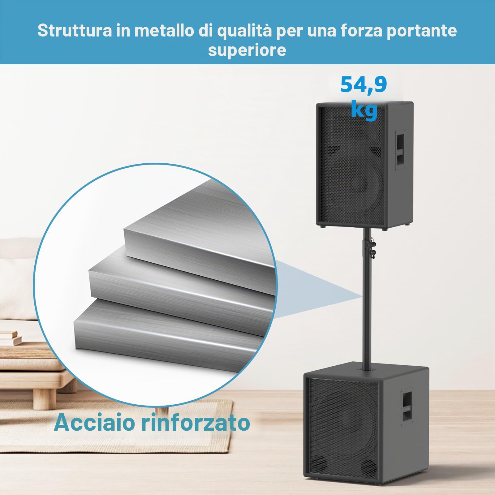 Asta per altoparlante resistente per subwoofer, con supporto regolabile in altezza, adatto per supporti da 35 mm, prolunga per altoparlanti con adattatore da 35 mm, portata 55 kg, confezione da 2