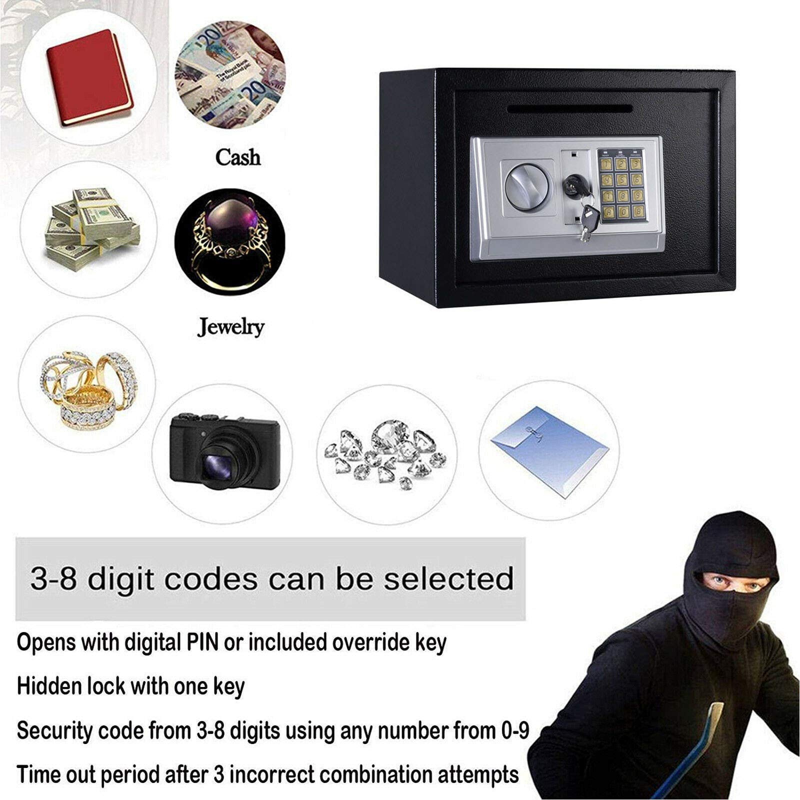 Cassetta di sicurezza elettronica in acciaio, per ufficio, casa, soldi, contanti, cassaforte digitale, grande, 2 scomparti con 2 chiavi, tastiera a cifre complete e 4 bulloni, 16 L (35 x 25 x 25 cm,