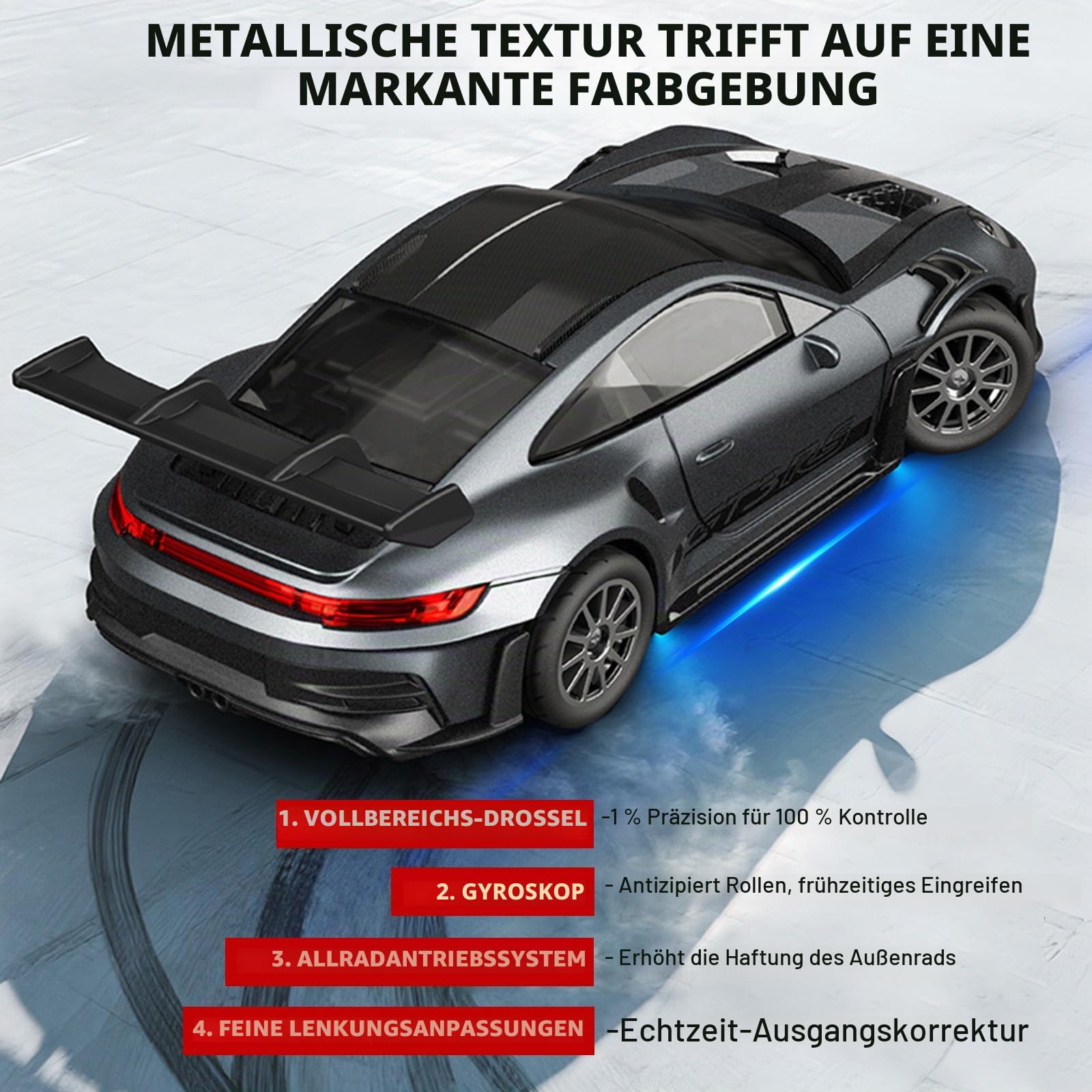 ARRIS RC-Drift-Car im Maßstab 1:43, Mini-911-RC-Modellauto, 2,4 GHz, 4WD, RC-Fahrzeug aus Aluminium mit Gyroskop für LED-Beleuchtung, Hobby-Spielzeug für Erwachsene (blau)
