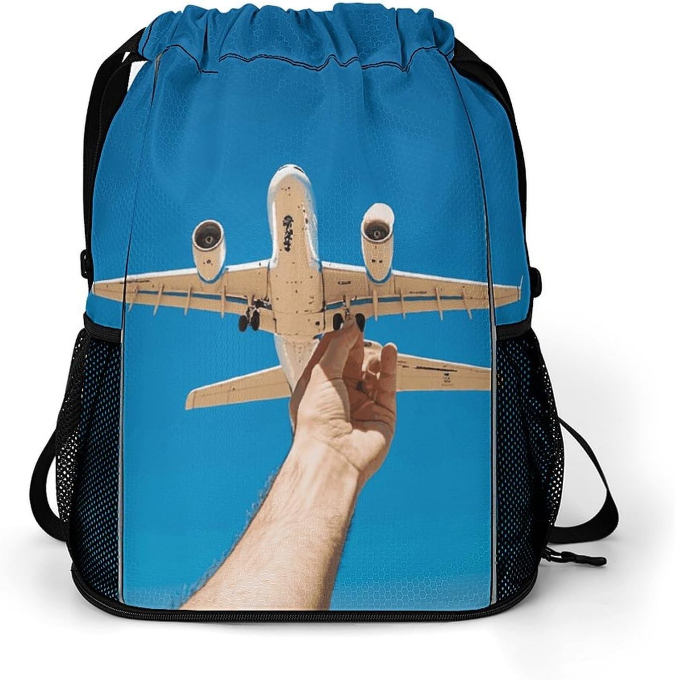 Drawstring Backpack Sports Gym Swim Bag with Shoes Compartment Blue Skies White Airplanes Stuff Sack