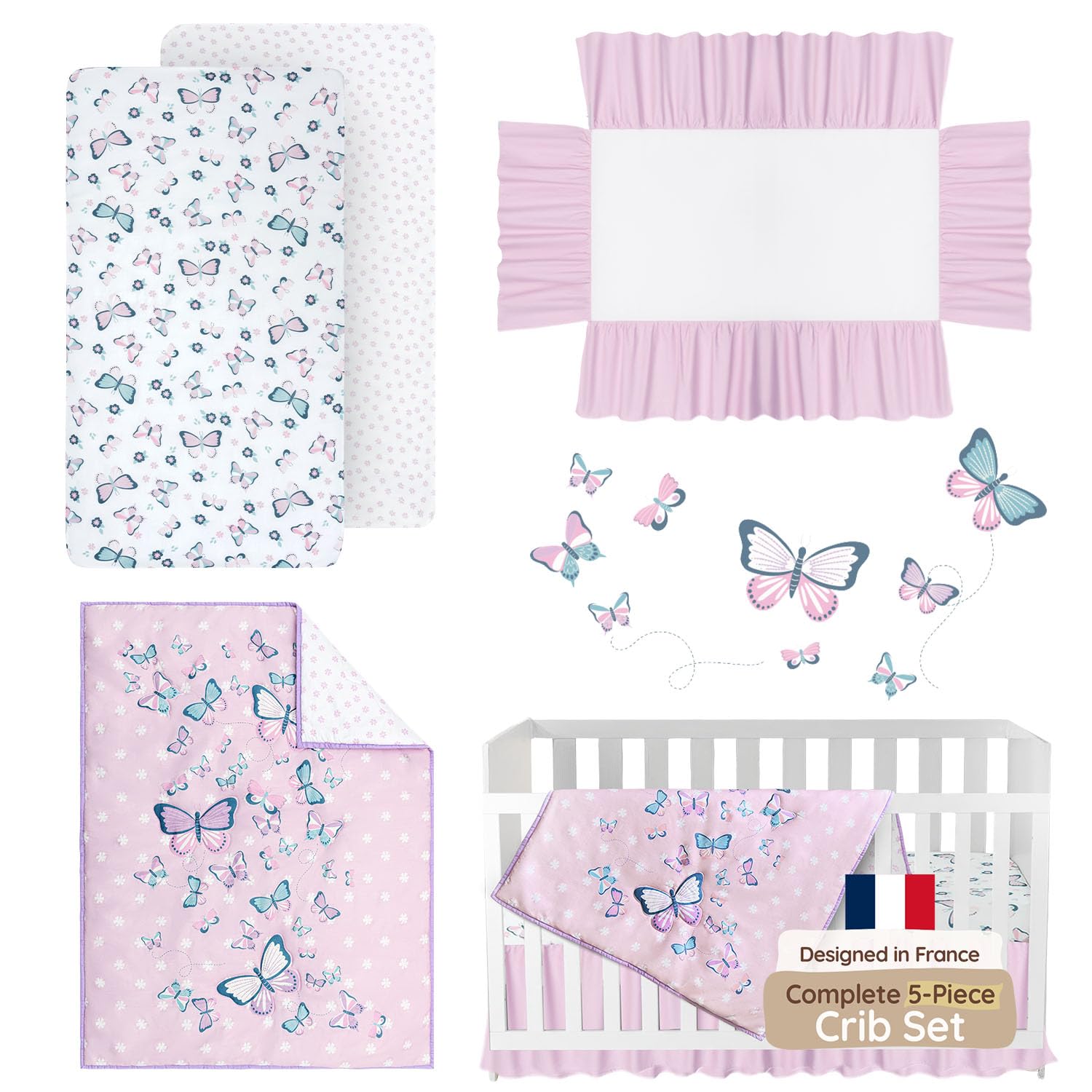 Juego de ropa de cama de mariposa para cuna para niñas, 5 piezas, incluye manta de bebé, 2 sábanas para cuna, falda de cuna y adhesivo de pared de mariposa morada, blanco y rosa,