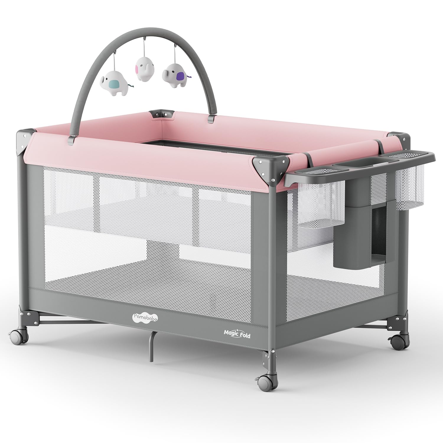 Pamo Babe Pack and Play - Travel Crib with Mattress, Easy Setup Small Portable Playpen for Babies, Lightweight Foldable Baby Playard with Lockable Wheels, Toy Arch & Large Storage Bag - Grey