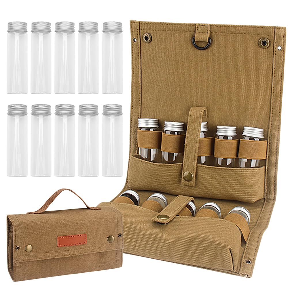 Gewürzgläser Set für Camping 23×12×7 cm Tragbarer Gewürzbeutel mit 10 Gewürzgläser Faltbarer Leinwand Picknick Grill Gewürz Flasche Aufbewahrungstasche Organizer für Reisen Outdoor BBQ (Khaki)