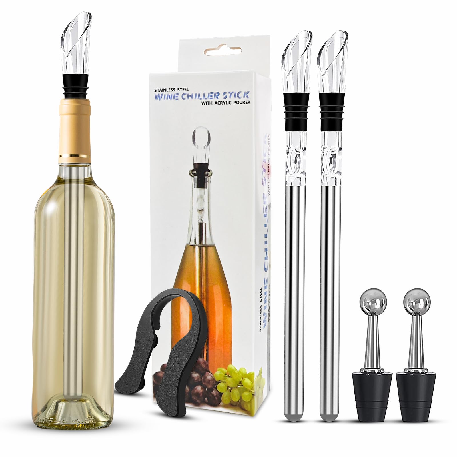 Set 3 Bacchette Refrigeranti Per Vino In Acciaio Inox | Con Aeratore E Tappo | Riutilizzabili | Regalo Per Amanti Del Vino - 2