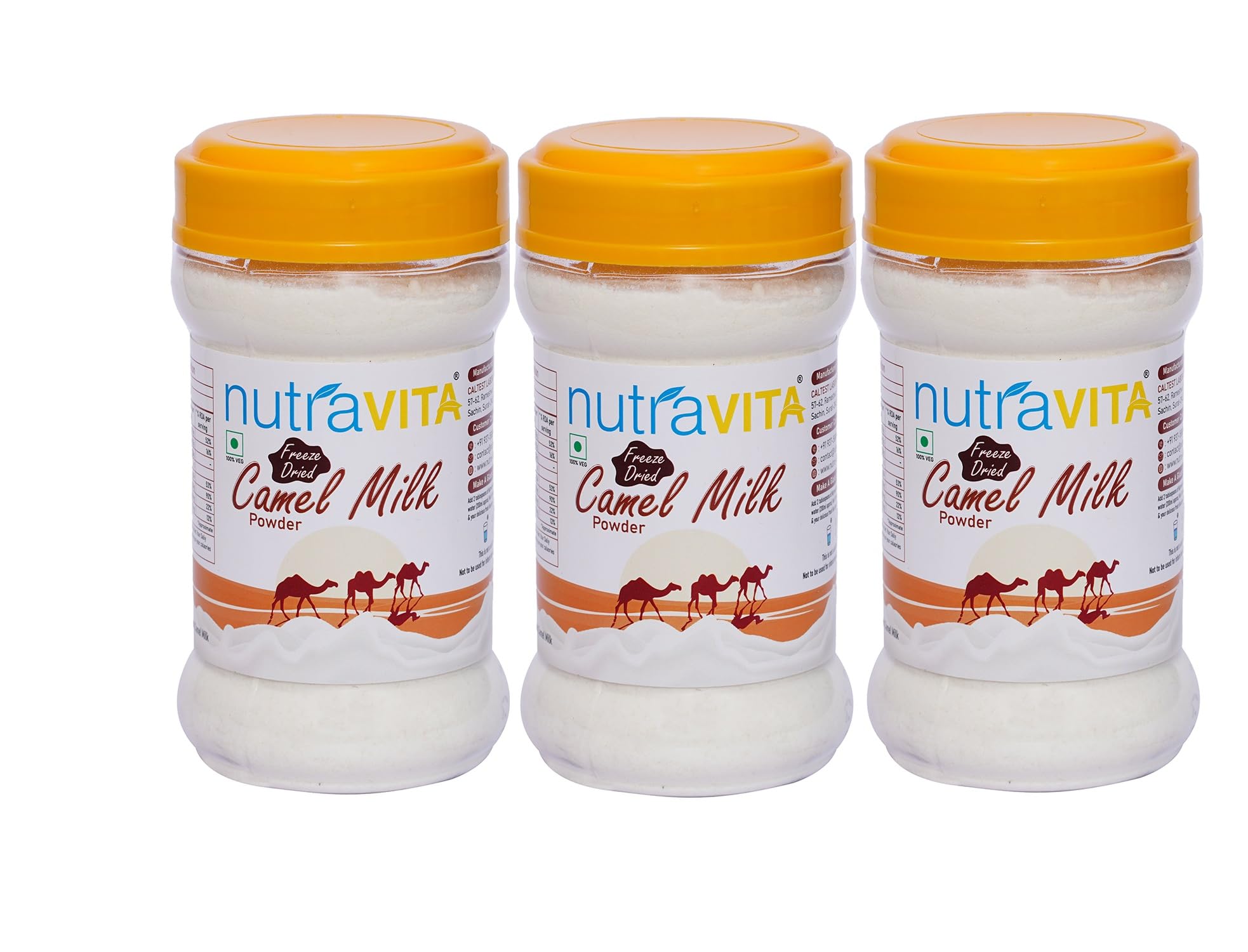 Nutra Vita Camel Milk Powder THREE Units of 100 G each (Freeze Dried,Gluten Free, No Additives, No Preservatives) Packed in Reusable PET Bottles