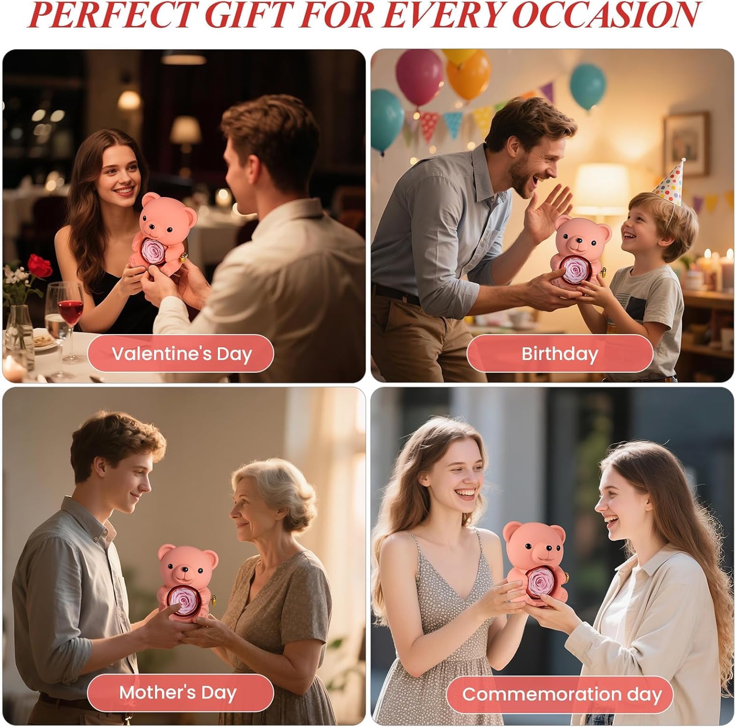 Oso Rosa Preservada con Collar de Corazón, Osito Rosa Eterna Rojo, Regalo San Valentin Mujer, Regalo Mujer Cumpleaños Mama, Aniversario, Originales Oso con Flor Eterna