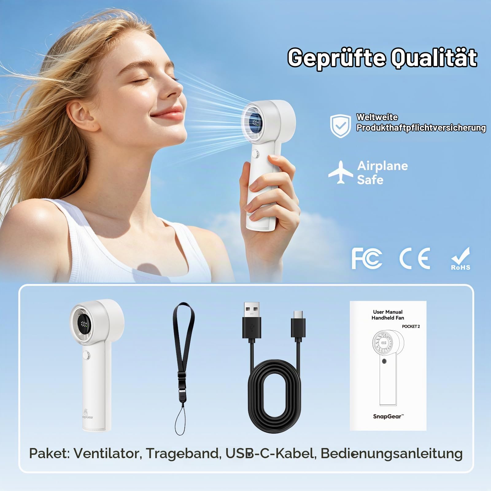 Snapgear Ultraleichter, tragbarer Taschenventilator (95 g), leiser Handventilator, 15.000 U/min Turbo Jet, 20 Stunden Laufzeit, 5 Geschwindigkeitsstufen, flüsterleise (44 dB), USB-C-aufladbar