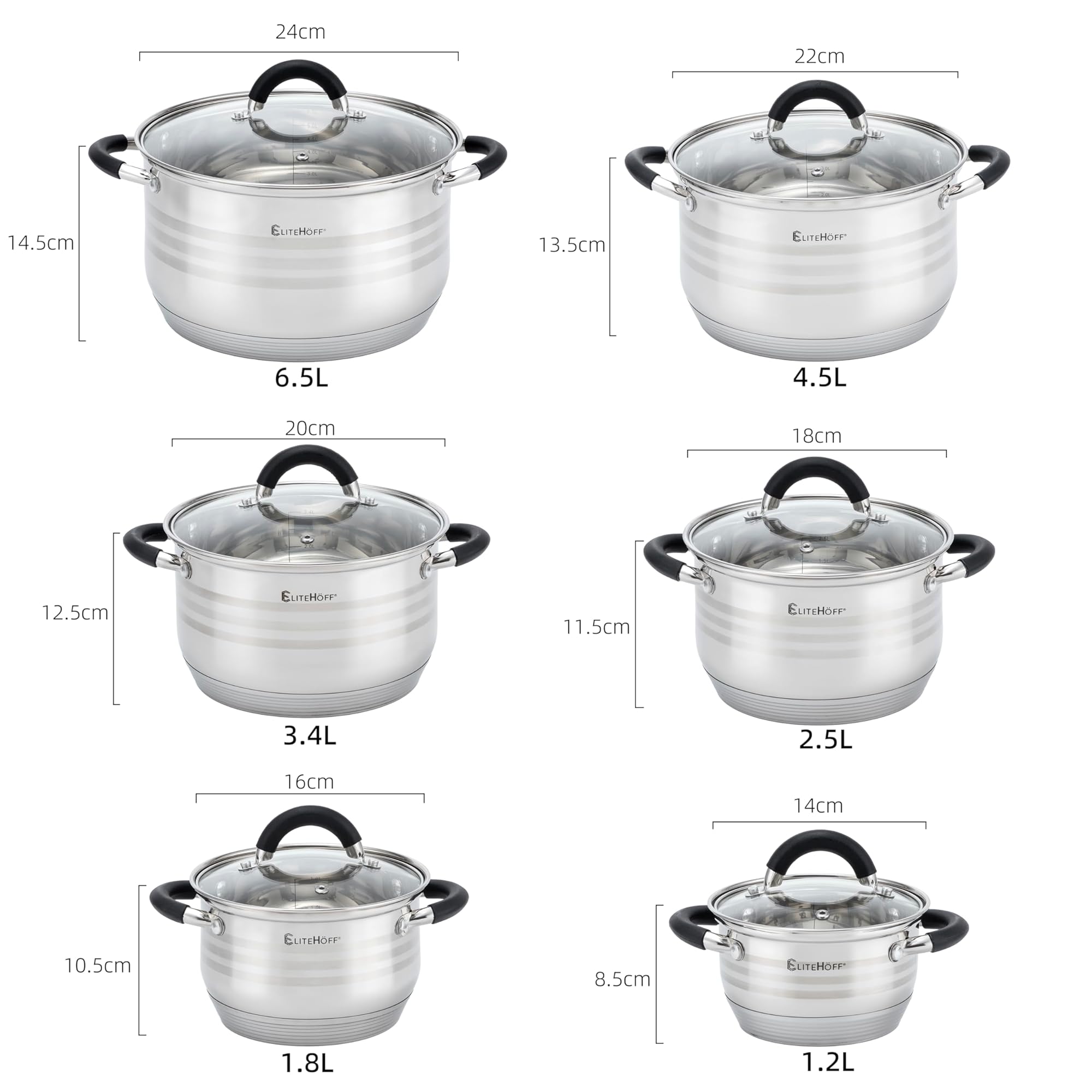 EliteHoff Topfset Induktion 12-teilig, Kochtopf Set mit Glasdeckeln und Silikongriffen, 7-lagiger Edelstahl Topf Set Induktionsgeeignet, Kochgeschirr Set für alle Herdarten, Silver/Schwarz (E-4027)