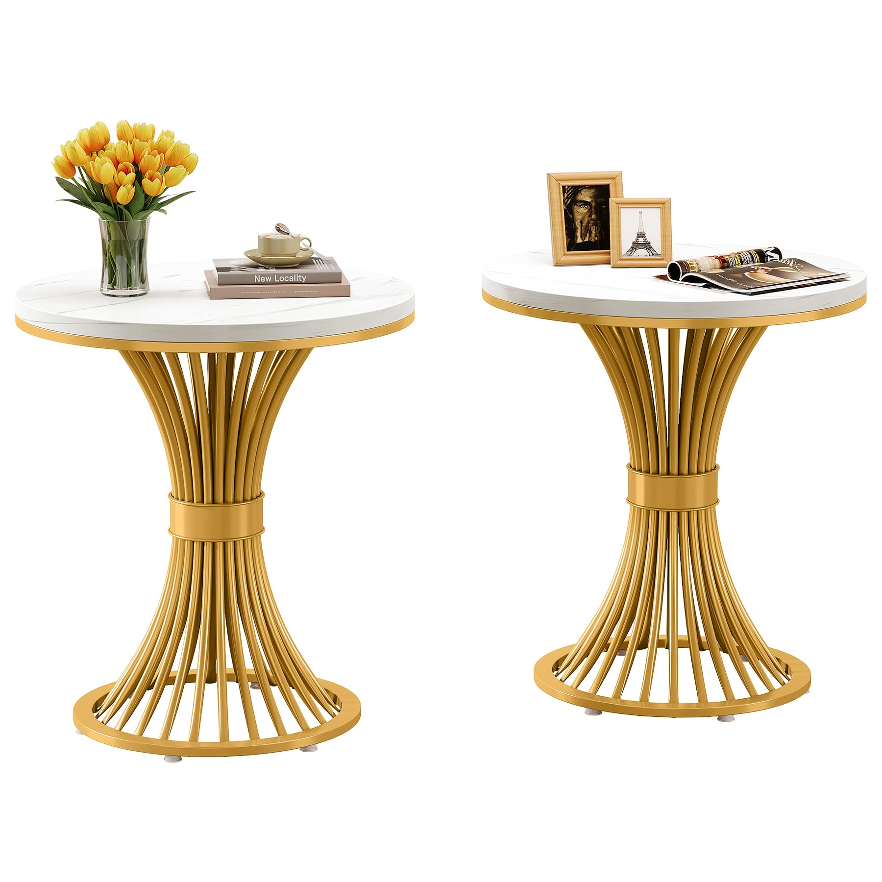 Tribesigns Round End Table, Modern Faux Marble Side Table with Gold Metal Base, Small White Gold Bedside Nightstand, Wooden Accent Table for Living Room, Bedroom, Sofa Side, White & Gold