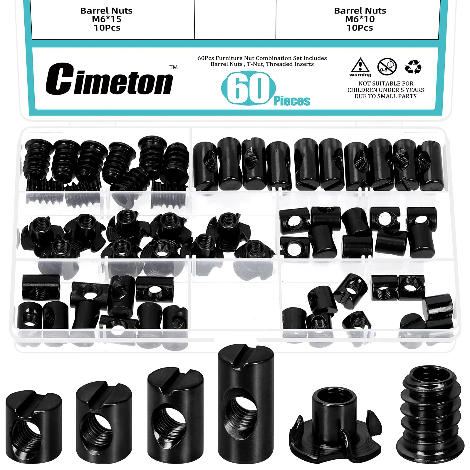 Cimeton 60PCS Black Metric M6 Barrel Nuts Cross Dowels Slotted Nut Kit with 4-Pronged Tee Nut Wood Inserts Bolt for Wood Furniture