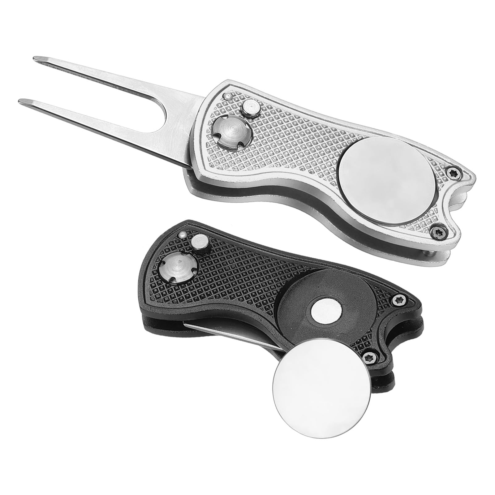 PATIKIL Golf Divot Repair Tool, 2 Pack Foldable Metal Golf Green Divot Tool with Magnetic Ball Marker & Stainless Steel Fork for Golfer, Black/Silver
