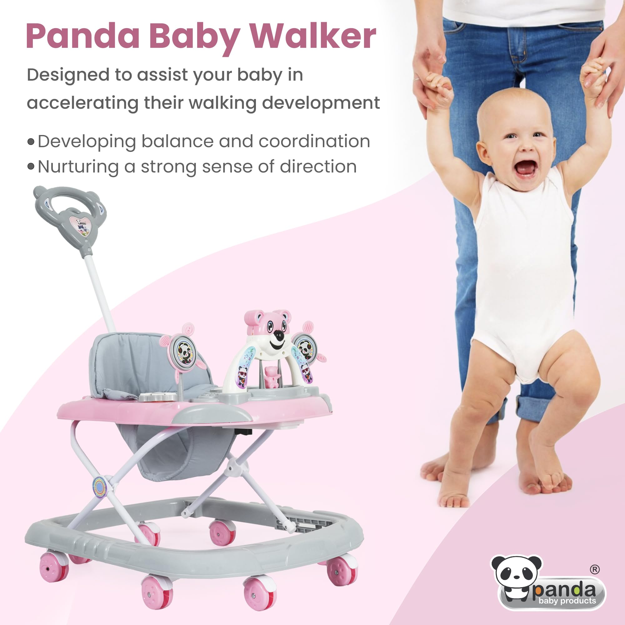 Panda Baby Products Baby Walker with Musical Toy Bar Rattles and Activity Toys Pink Colour 1