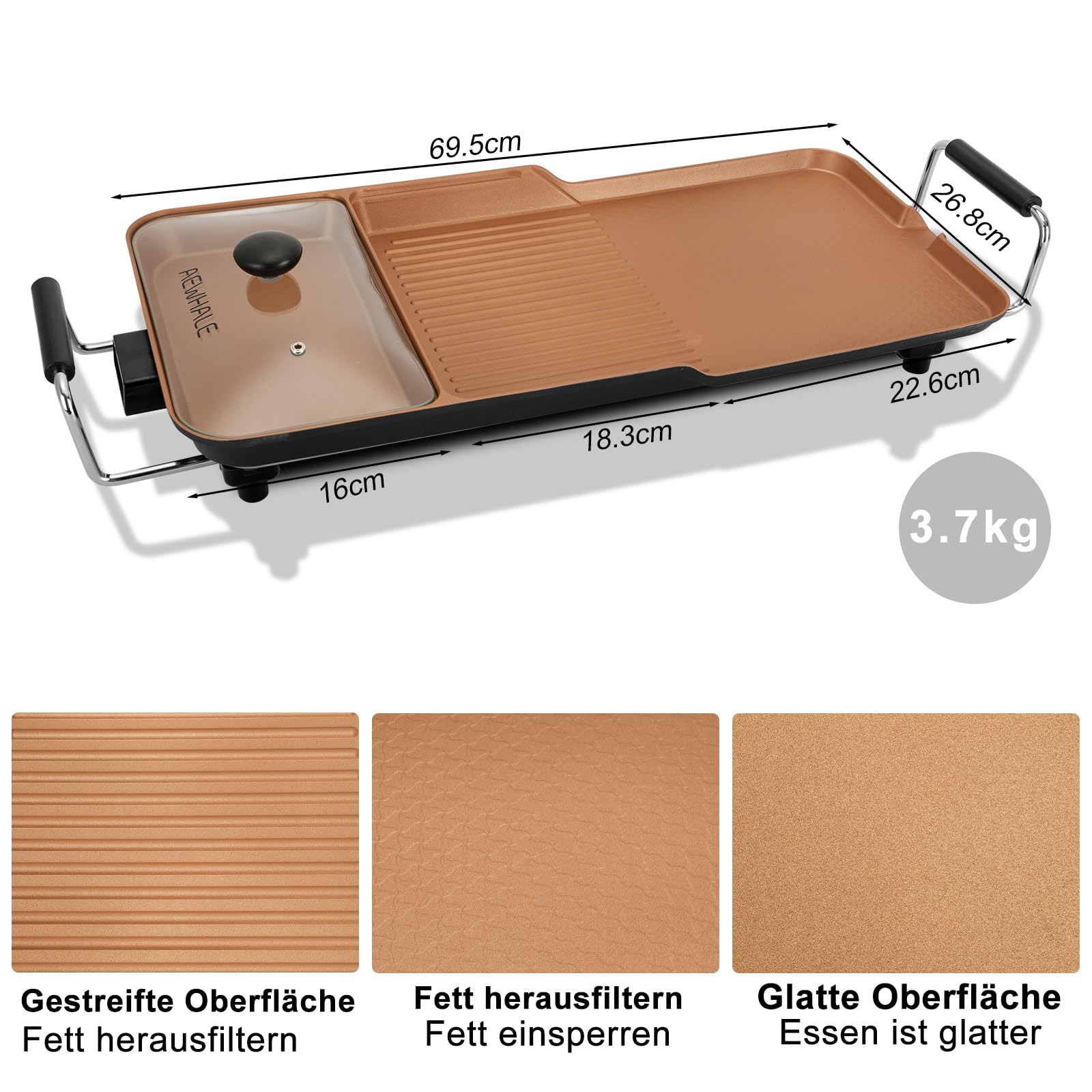 AEWHALE 3-in-1 Grillplatte Elektrisch, 2000 W, Tischgrill Elektrisch für Drinnen und Draußen mit Antihaftbeschichtung, für 6 Personen, Leicht zu Reinigen