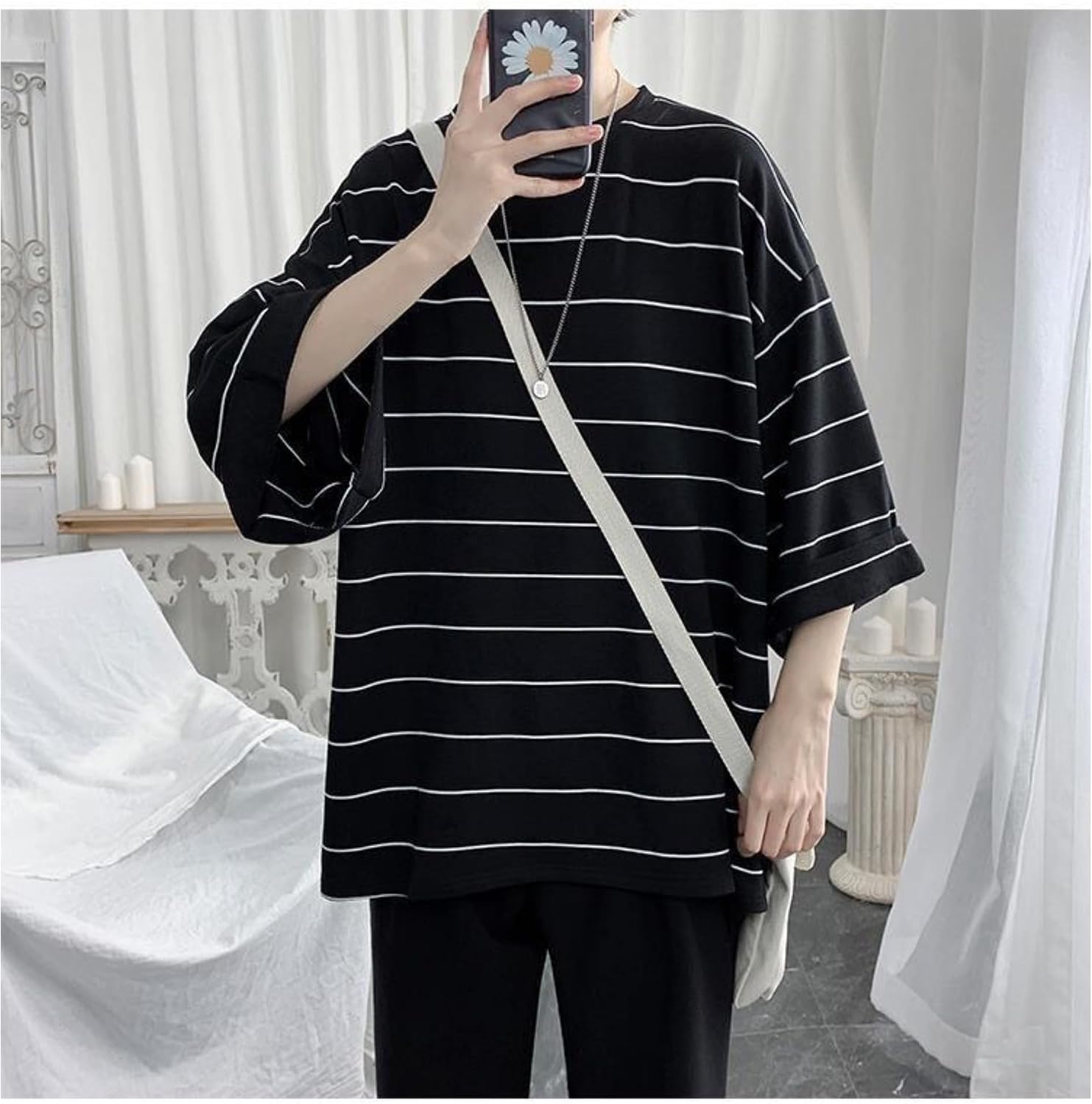 Men Casual Striped Student Shirts Thin Simple Style Crewneck Sport T Shirt Summer Classic Color Block Pullover Tops