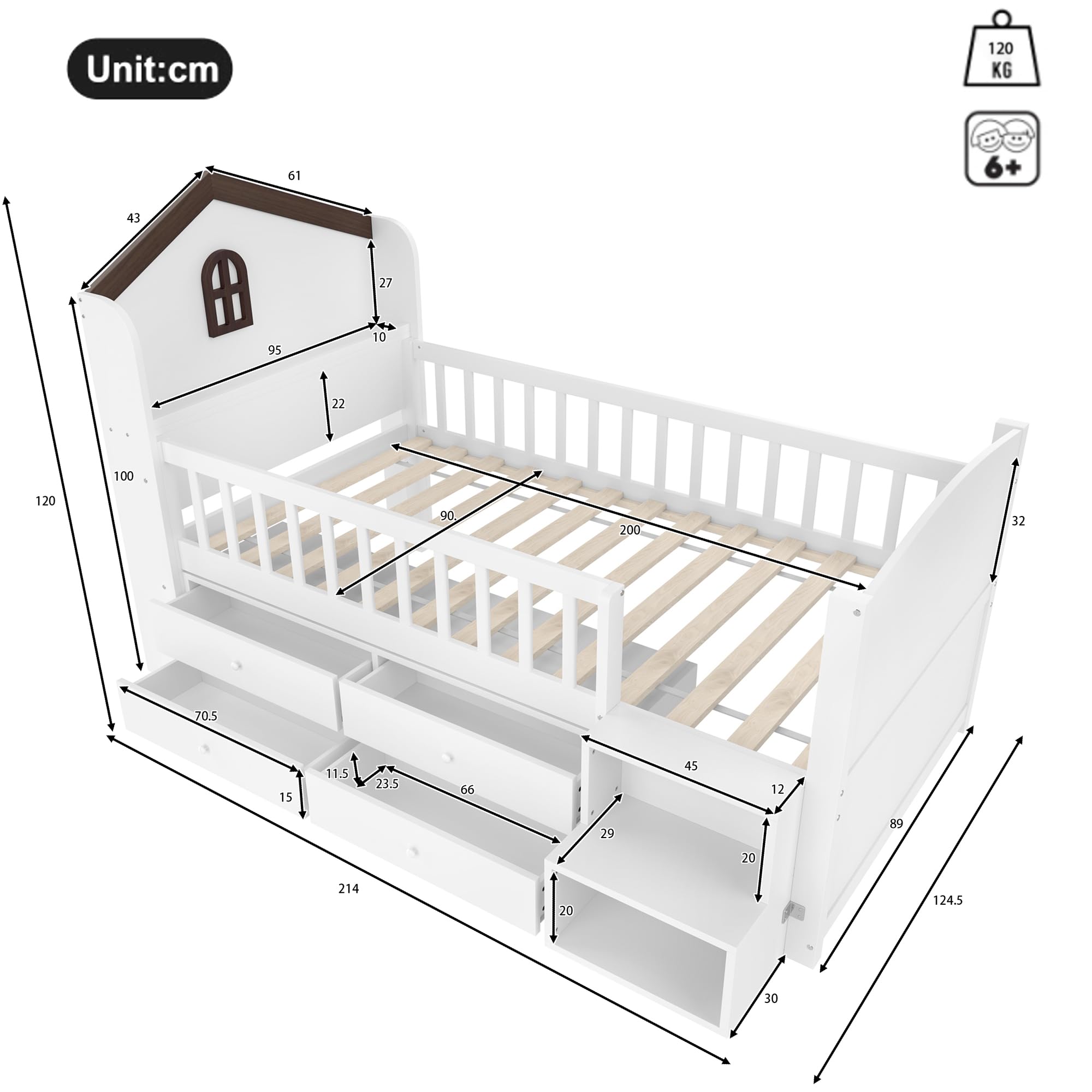 Mrwoo Kinderbett 90x200 cm mit LED-Lichtleiste und 4 Schubladen, Holzbett mit Hausform und Fenster, Stauraumbett mit Treppe Stauraum, Halbhohes Bett, Weiß(Ohne Matratze)