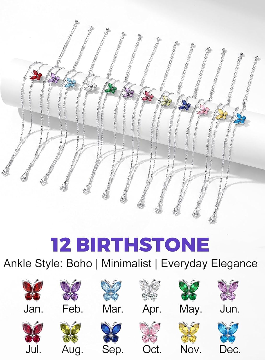 Richsteel Double Layer Heart/Butterfly Birthstone Anklet for Women Non Tarnish Waterproof, Silver/Gold/Black Stainless Steel 8.5-10.5 Inch Adjustable Chain Anklets Jewelry Gifts for Her - Image 8