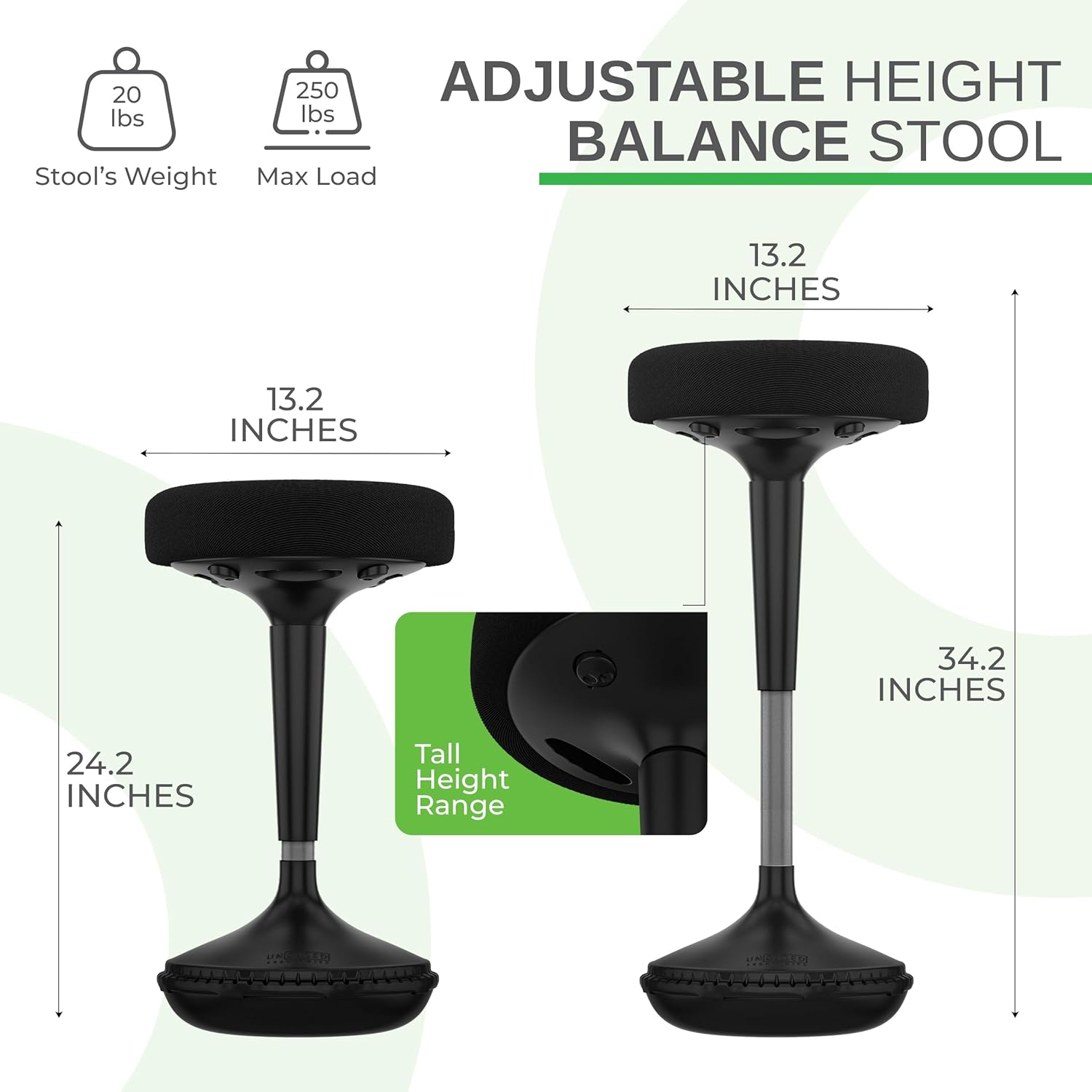 Uncaged Ergonomics Wobble Stool – Height Adjustable (23–33") Ergonomic Standing Desk Chair, Flexible Seating for Office, Classroom, and Active Sitting - Black