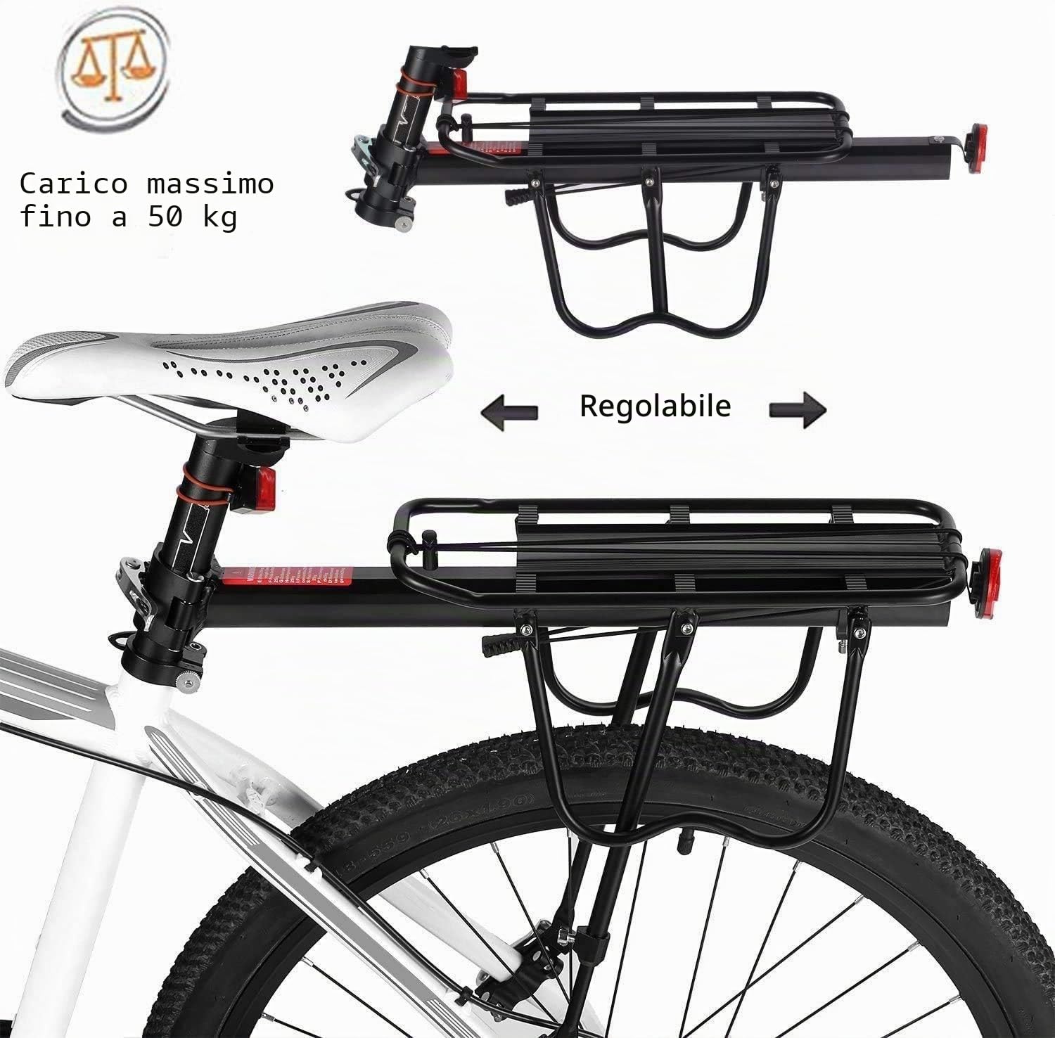 Baiker, Portapacchi per bicicletta, regolabile, mountain bike, alluminio, carico massimo 50 kg, con fanale catarifrangente, attacco e montaggio rapido