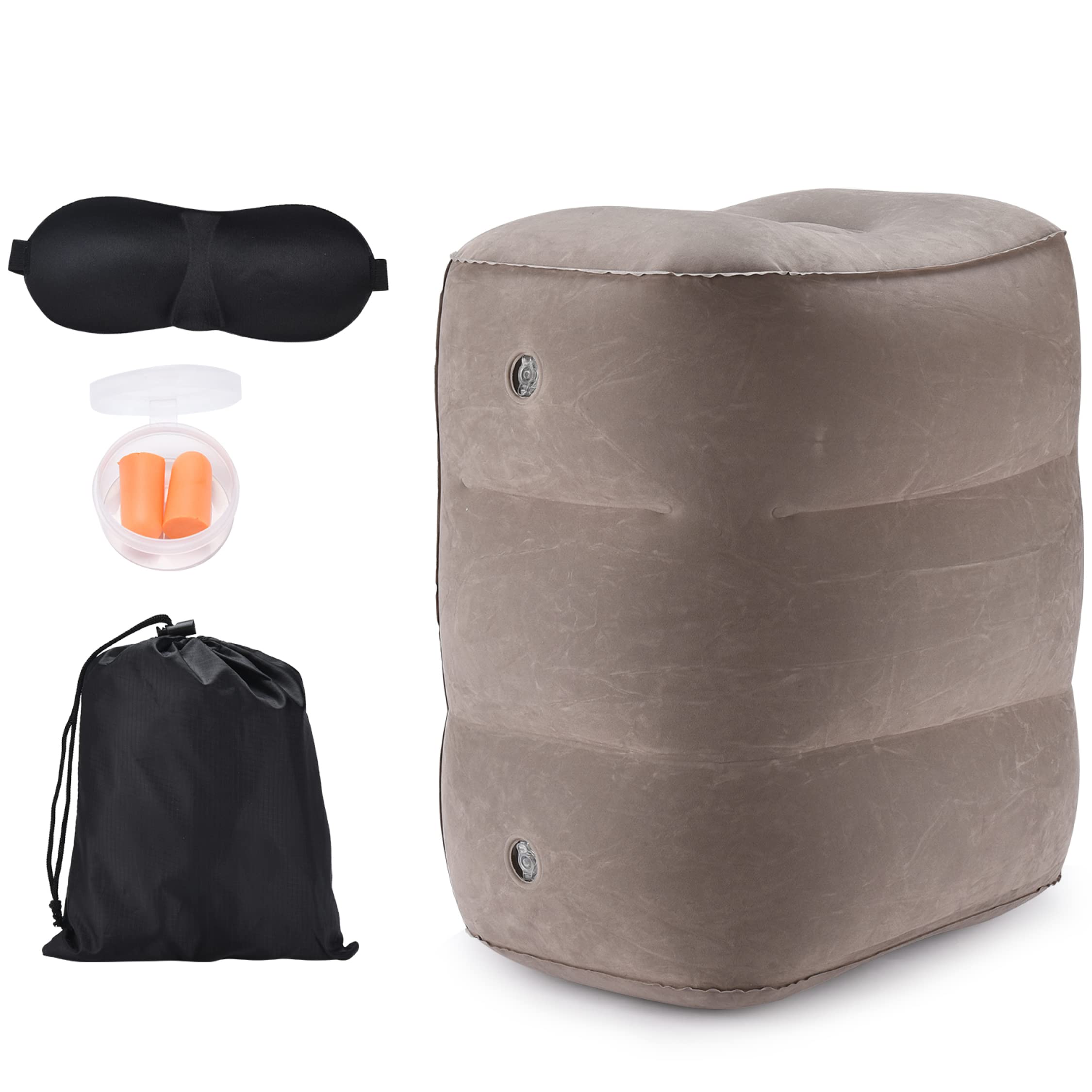 ACOWAYInflatable Travel Adjustable Foot Rest Pillow with Travel Pouch - Airplane Travel Essentials - Portable Airplane Leg Pillow with Sleeping Mask & Ear Plugs - Travel Foot Pillow for Kids & Adults