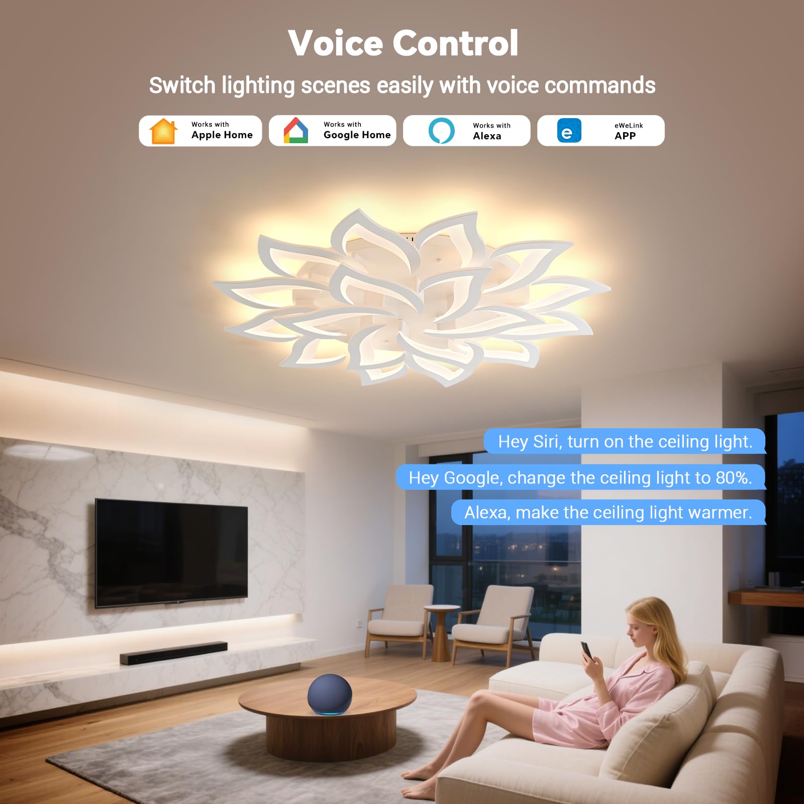 BAYHT Smart LED Deckenleuchte Dimmbar, Kompatibel Mit eWeLink App, Blumen Deckenlampe für Wohnzimmer Schlafzimmer, Moderne Lampe Decke Beleuchtung, Großer Kronleuchter 18 Heads/Ø100cm/84W