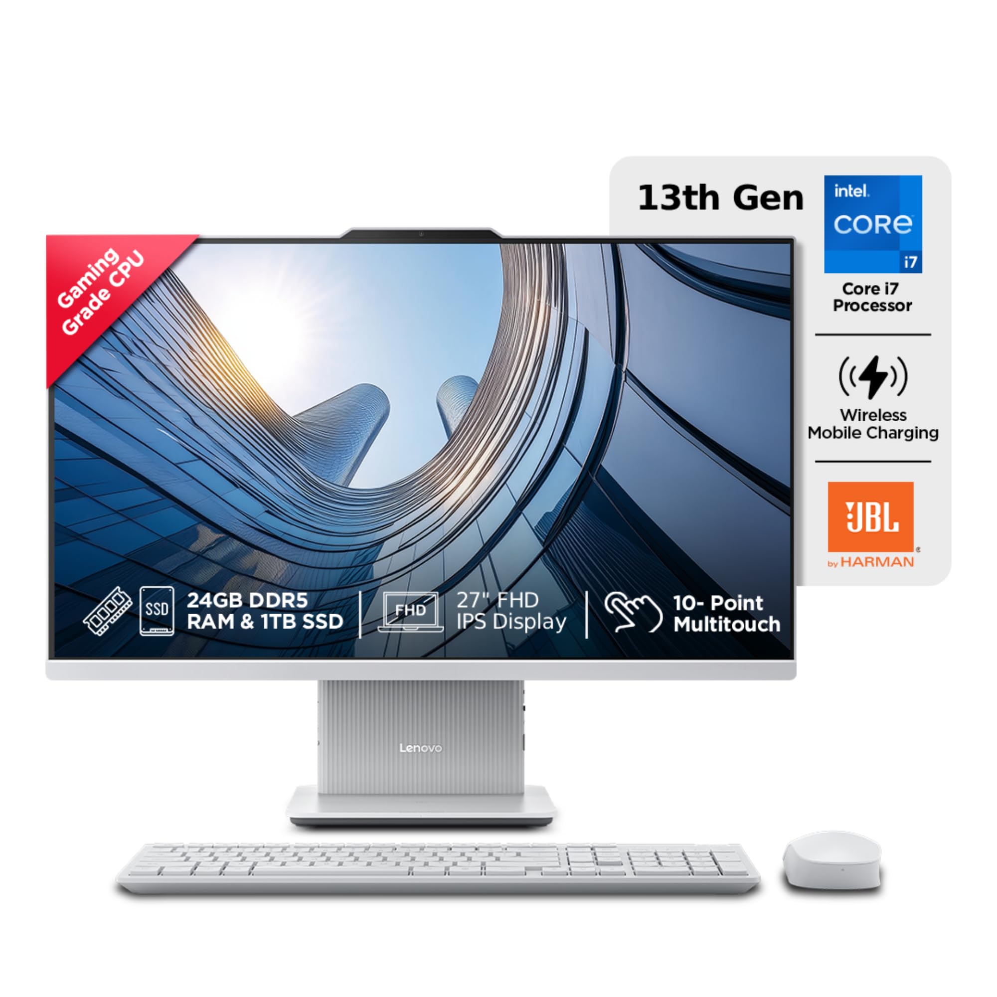 Lenovo IdeaCentre AIO Intel Core i7-13620H 27" FHD Touchscreen (24GB RAM/1TB SSD/Win11/Microsoft 365 + Office 2024/Wireless Charging/Wireless EOS Keyboard & Mouse,Grey), F0HM00W2IN All-in-One Desktop
